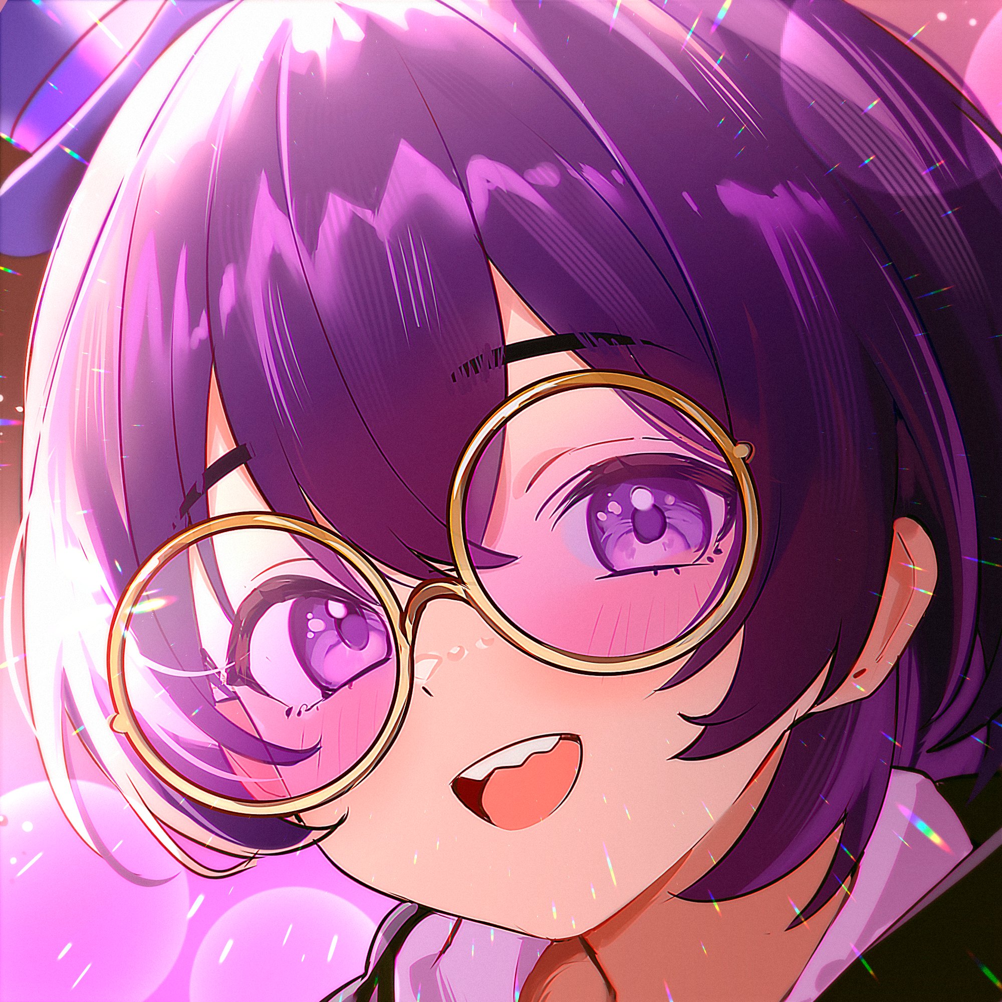 blumer, original, commission, highres, 1boy, :d, black jacket, chromatic aberration, hair between eyes, hat, jacket, java820, light blush, looking at viewer, mini hat, mini top hat, open mouth, portrait, purple-tinted eyewear, purple eyes, purple hair, round eyewear, sharp teeth, shirt, smile, teeth, tinted eyewear, top hat, turtleneck, white shirt