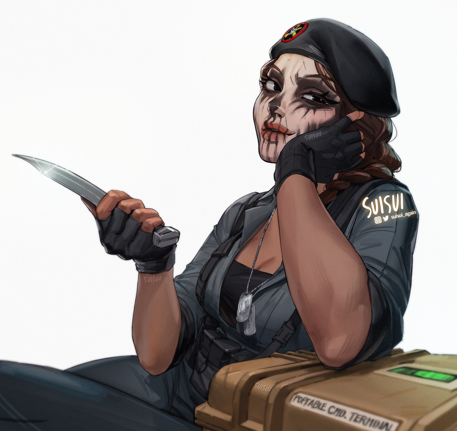 suisui again, caveira (rainbow six siege), rainbow six siege, commentary, english commentary, highres, 1girl, artist name, box, braid, breasts, brown hair, cleavage, combat knife, crossed legs, dog tags, english text, facepaint, hand on own face, holding, holding knife, holding weapon, instagram logo, knife, load bearing vest, looking at viewer, military operator, parted lips, signature, single braid, sitting, sleeves rolled up, solo, solo focus, twitter logo, twitter username, upper body, weapon, white background