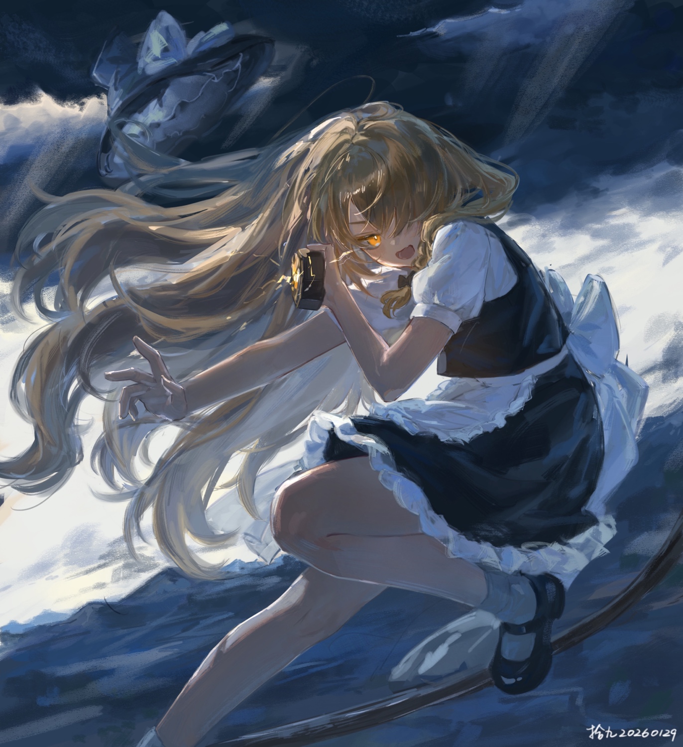 shijiu (shizuoxing), kirisame marisa, touhou, chinese commentary, commentary request, highres, 1girl, apron, artist name, black bow, black shoes, blonde hair, bow, braid, broom, broom riding, dated, dress, fighting stance, floating hair, floating hat, foot out of frame, grey socks, hair bow, hair over one eye, hat, long hair, looking at viewer, mary janes, mini-hakkero, no headwear, one eye covered, open mouth, outdoors, puffy short sleeves, puffy sleeves, shoes, short sleeves, single braid, socks, solo, unworn hat, unworn headwear, very long hair, waist apron, white apron, yellow eyes