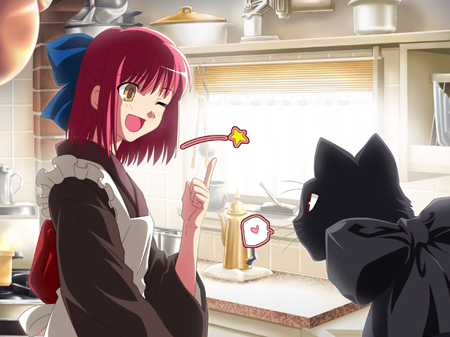 takeuchi takashi, kohaku (tsukihime), len (cat) (tsukihime), len (tsukihime), melty blood, tsukihime, type-moon, game cg, official art, 00s, 1girl, apron, bloom, bow, cat, hair bow, heart, japanese clothes, kimono, kitchen, maid, maid apron, one eye closed, red hair, ribbon, short hair, smile, star (symbol), wink, yellow eyes