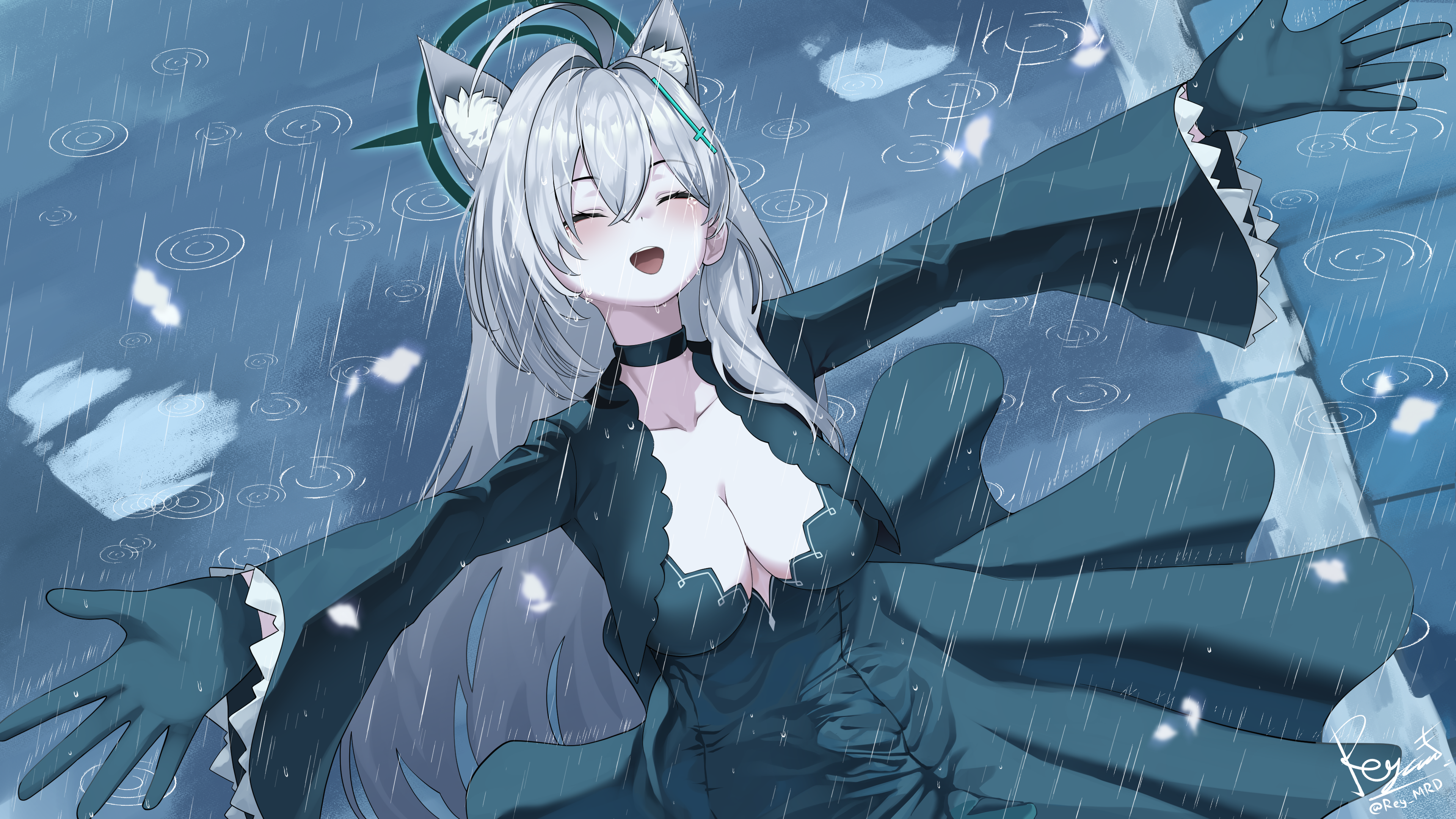 reymrd, shiroko terror (blue archive), blue archive, absurdres, commentary, english commentary, highres, 1girl, :d, ^ ^, ahoge, animal ear fluff, animal ears, black choker, black dress, black gloves, black halo, blush, breasts, choker, cleavage, closed eyes, collarbone, cowboy shot, cross hair ornament, crying, double-parted bangs, dress, dutch angle, extra ears, facing viewer, frilled sleeves, frills, gloves, grey hair, hair between eyes, hair intakes, hair ornament, halo, huge ahoge, large breasts, long hair, long sleeves, open mouth, outdoors, outstretched arms, outstretched hand, rain, ripples, signature, smile, solo, streaming tears, tears, teeth, upper teeth only, very long hair, wide sleeves, wolf ears, wolf girl