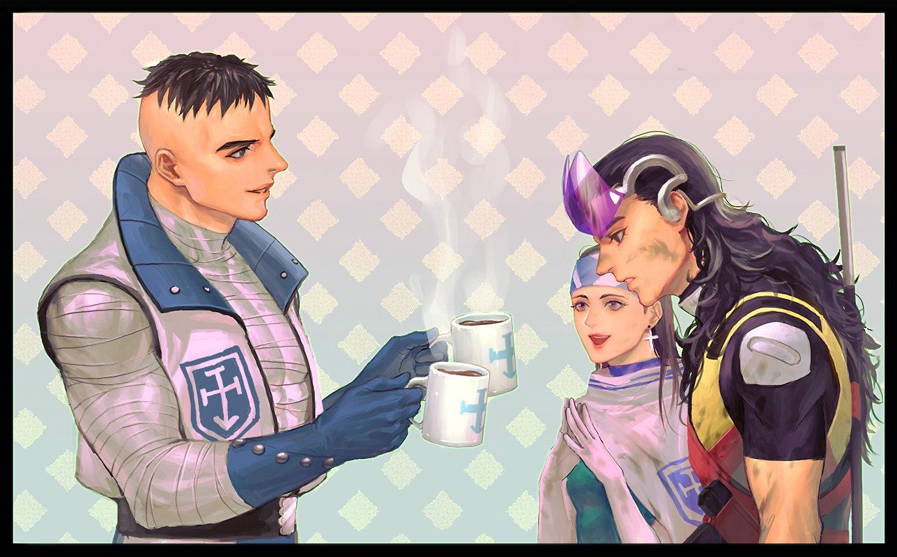 o c x, aleph (megami tensei), beth (megami tensei), zayin (megami tensei), shin megami tensei, shin megami tensei ii, commentary request, 1girl, 2boys, argyle background, armor, bandages, belt, black eyes, black hair, blue collar, blue gloves, blue headband, blue shirt, cape, coffee, coffee mug, collar, cross, cross earrings, cross print, cup, dirty, dirty clothes, dirty face, earrings, from side, gloves, goggles, goggles on head, grey eyes, gun, headband, holding, holding cup, holster, jewelry, long hair, mug, multiple boys, own hands together, partially open jacket, shirt, short hair, shoulder armor, smile, steaming cup, sword, sword on back, undercut, weapon, weapon on back, white cape, white gloves