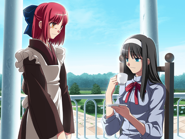 takeuchi takashi, kohaku (tsukihime), tohno akiha, melty blood, tsukihime, type-moon, game cg, official art, 00s, 2girls, apron, black hair, bloom, blue eyes, bow, cup, garden, hair bow, hairband, japanese clothes, kimono, maid, maid apron, multiple girls, pillar, red hair, ribbon, sky, smile, tea, teacup, yellow eyes