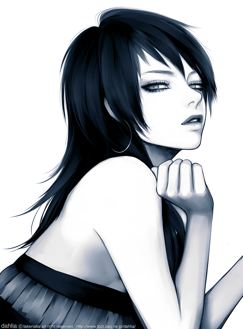 takenaka, bare shoulders, black hair, earrings, jewelry, monochrome, slit pupils