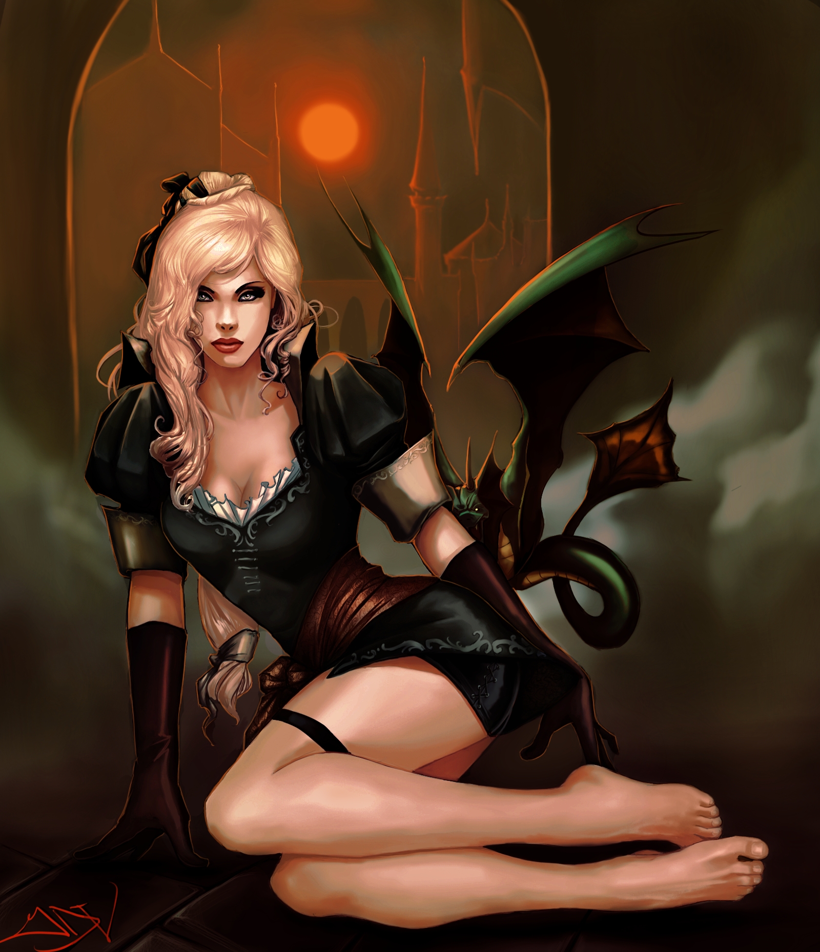 maria renard, castlevania: symphony of the night, castlevania (series), konami, highres, 1girl, aged up, bare legs, barefoot, blonde hair, bow, breasts, castle, cleavage, colored skin, dragon, feet, female focus, green skin, looking at viewer, moon, red moon, shorts, sitting, solo, toes, yokozuwari