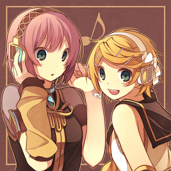 hijiri (resetter), kagamine rin, megurine luka, vocaloid, bad id, bad pixiv id, alternate hair length, alternate hairstyle, aqua eyes, blonde hair, detached sleeves, hair ornament, hairclip, hand on own ear, headphones, headset, musical note, open mouth, pink hair, short hair, smile