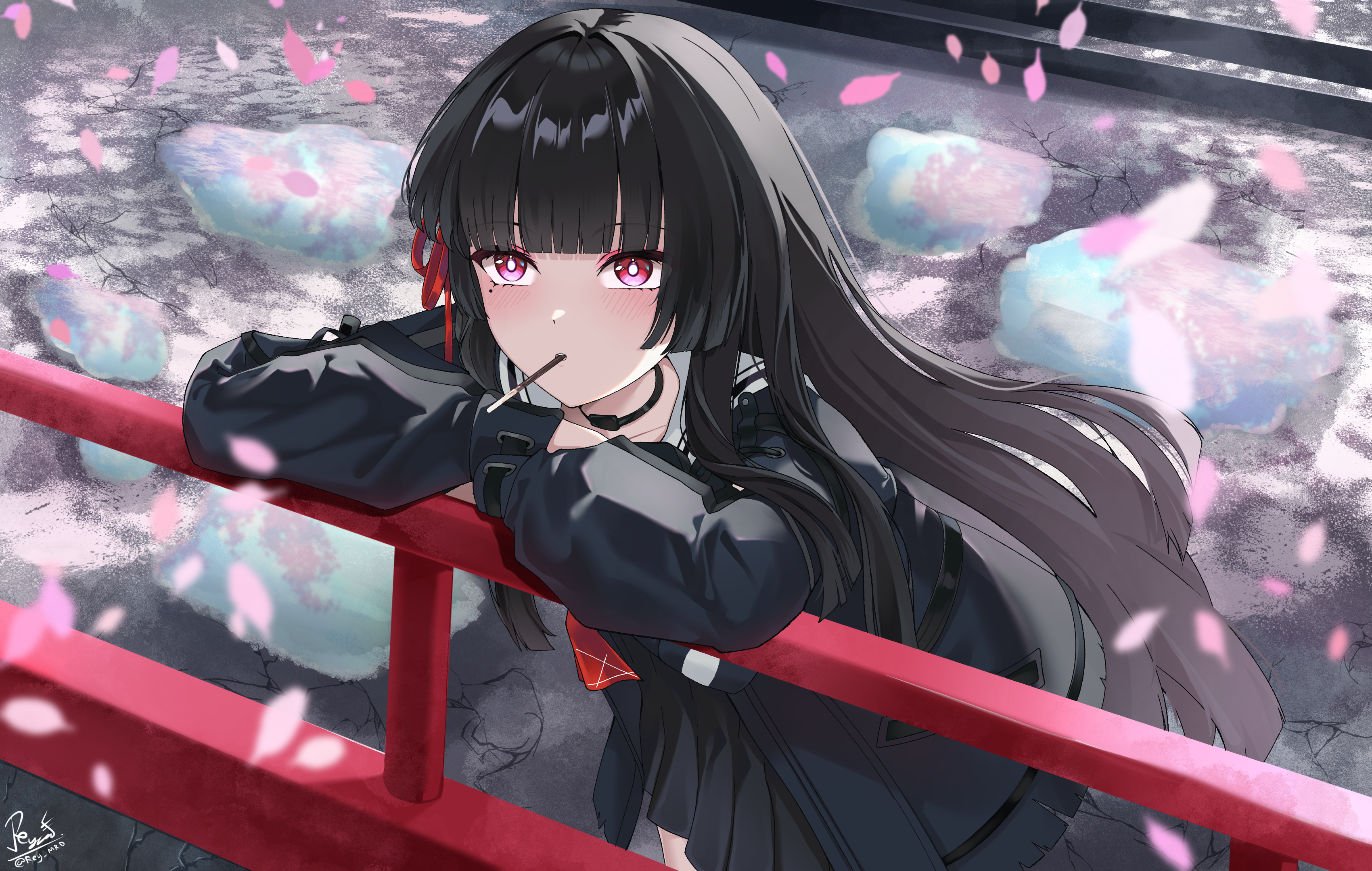 reymrd, chisa (wuthering waves), wuthering waves, absurdres, commentary, highres, 1girl, black choker, black hair, black jacket, black serafuku, black skirt, blunt bangs, blunt ends, blush, bright pupils, choker, cowboy shot, day, dutch angle, eyelashes, eyeshadow, falling petals, food, food in mouth, hair intakes, hair ribbon, hime cut, jacket, leaning forward, long hair, long sleeves, looking at viewer, makeup, miniskirt, mole, mole under eye, open clothes, open jacket, outdoors, parted lips, petals, pink eyeshadow, pleated skirt, pocky, pocky in mouth, red eyes, red ribbon, ribbon, sailor collar, school uniform, serafuku, sidelocks, signature, skirt, solo, spring (season), straight hair, tsurime, very long hair, white pupils, white sailor collar