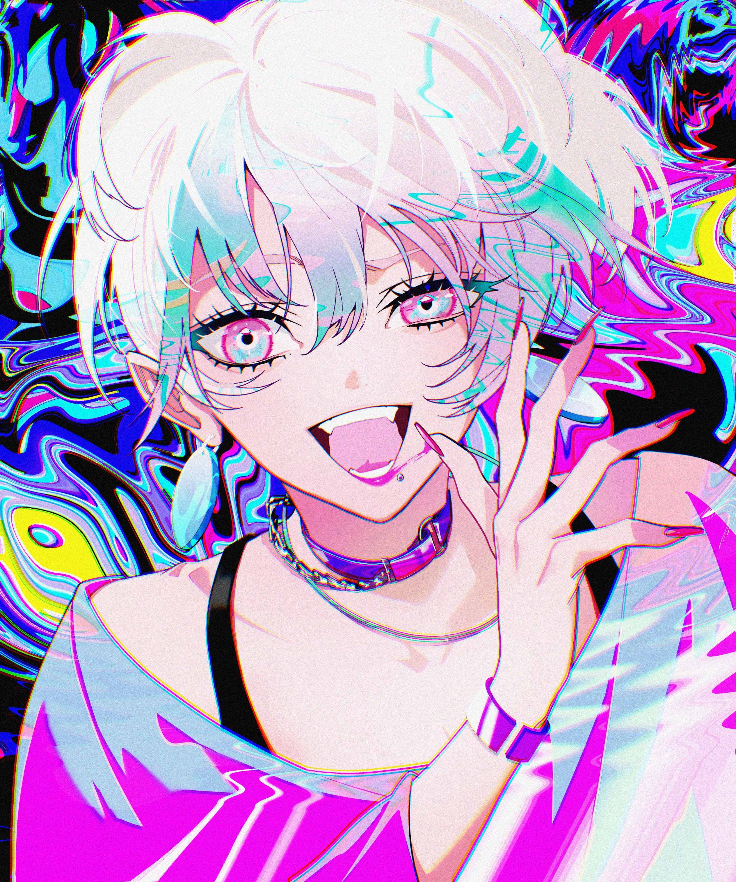 original, absurdres, highres, 1girl, acid trip, aki yuu, bare shoulders, blush, bob cut, breasts, choker, cleavage, collarbone, crazy, crazy eyes, crazy smile, earrings, fangs, fingernails, jewelry, lipstick, long fingernails, looking at viewer, makeup, nail polish, smeared lipstick, smile, wavy hair, white hair, wide-eyed