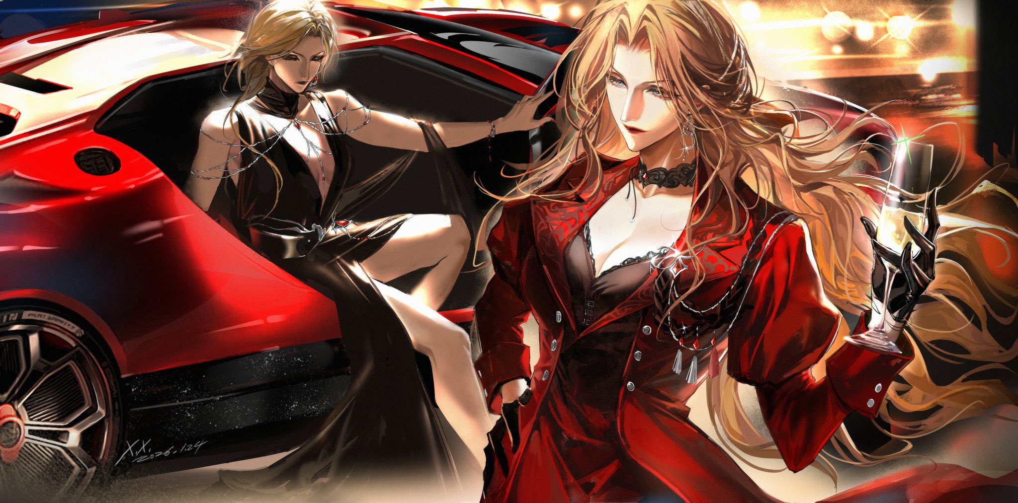 xwilson127, augustus (path to nowhere), langley (path to nowhere), path to nowhere, highres, 2girls, black dress, black gloves, blonde hair, car, choker, closed eyes, cup, dress, drinking glass, gloves, hand on own hip, holding, holding cup, jewelry, motor vehicle, multiple girls, sitting, standing