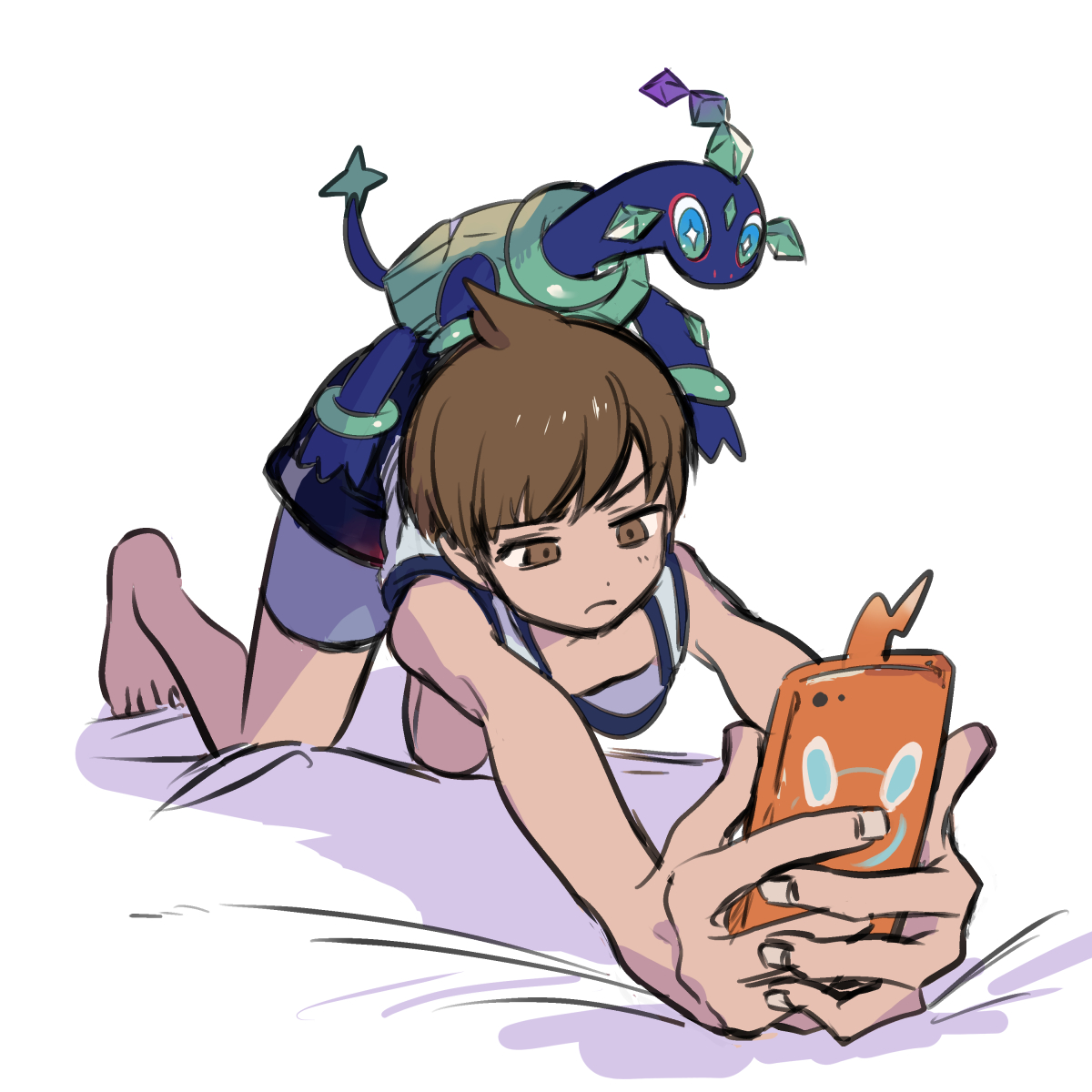 assassinookayu, florian (pokemon), rotom, rotom phone, terapagos, nintendo, pokemon, pokemon sv, highres, 1boy, all fours, barefoot, brown eyes, brown hair, closed mouth, full body, gen 4 pokemon, male focus, pokemon (creature), short hair, solo, tank top, white background