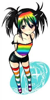 multicolored legwear, striped legwear, artist request, character request, copyright request, lowres, source request, tagme, black eyes, black hair, breasts, camisole, collarbone, multicolored hair, multicolored shirt, navel, rainbow, short shorts, shorts, small breasts, thighhighs, twintails, zettai ryouiki