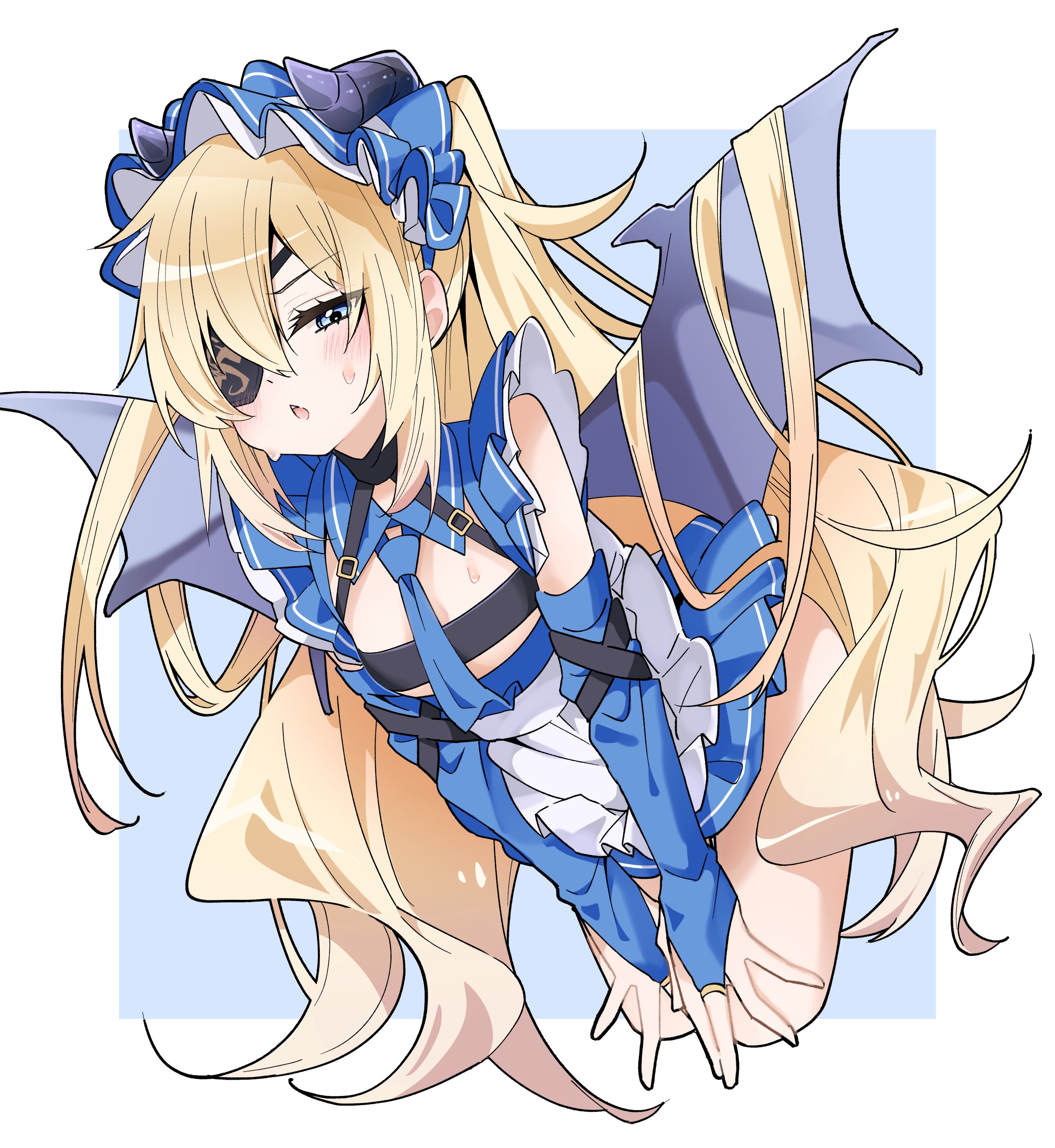 tu pa pa pa, guillotine (nikke), guillotine (winter slayer) (nikke), goddess of victory: nikke, absurdres, commentary request, highres, 1girl, apron, black collar, blonde hair, blue background, blue dress, blue eyes, blue gloves, blue necktie, bridal gauntlets, collar, cropped legs, demon wings, detached sleeves, dress, embarrassed, eyepatch, frilled hairband, frills, gloves, hairband, halterneck, hands on own thighs, horns, leaning forward, long hair, looking at viewer, necktie, parted lips, ponytail, solo, standing, strap, sweat, two-tone background, very long hair, waist apron, white background, wings