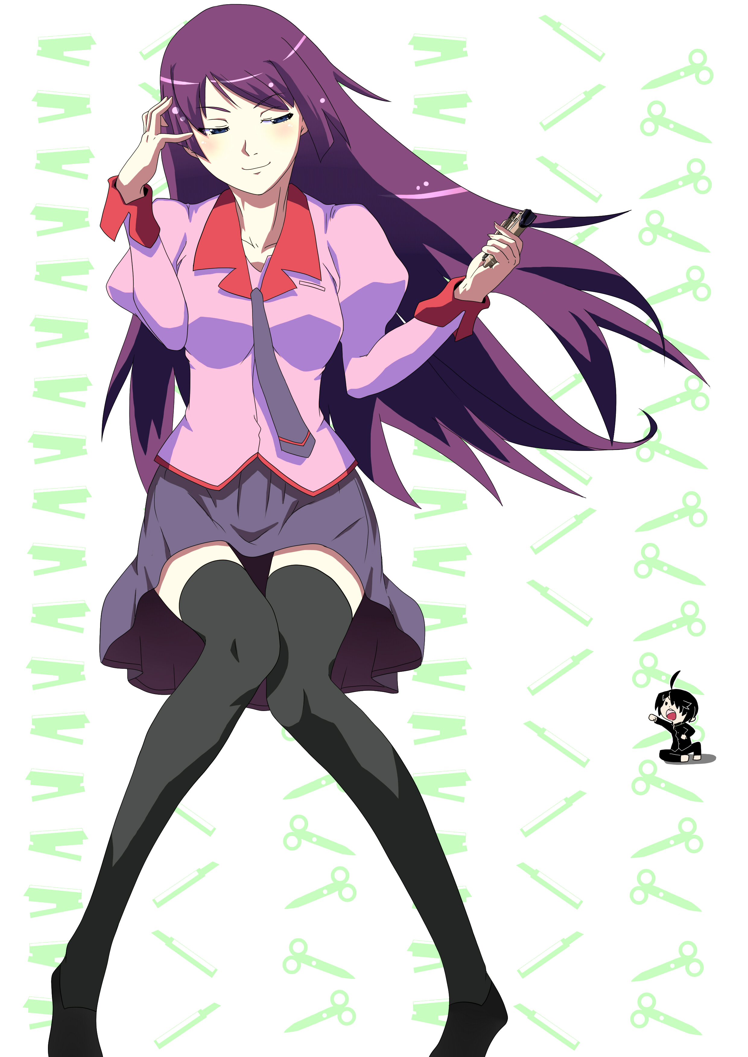 haruhi0721 (artist), tetsu-sama, araragi koyomi, senjougahara hitagi, bakemonogatari, monogatari (series), absurdres, highres, 1boy, 1girl, ahoge, black hair, black thighhighs, blue eyes, boxcutter, breasts, grin, long hair, pleated skirt, purple hair, school uniform, scissors, skirt, smile, stapler, thighhighs, zettai ryouiki