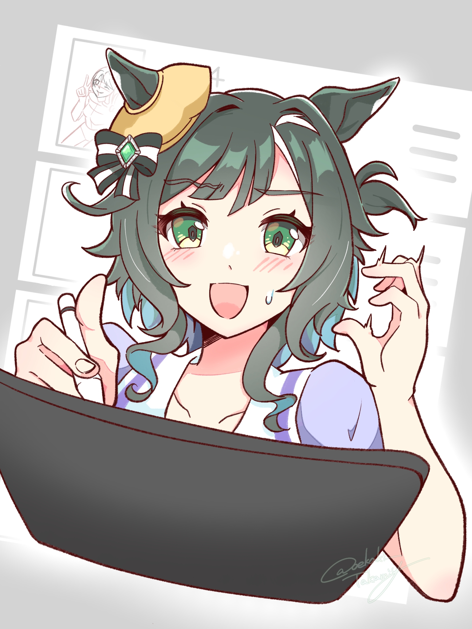 oekaki takamiy, kiseki (umamusume), umamusume, commentary request, highres, 1girl, animal ears, beret, blush, collarbone, drawing (action), drawing tablet, ears through headwear, green eyes, green hair, hat, hexagon-shaped pupils, holding, holding stylus, horse ears, horse girl, multicolored hair, open mouth, puffy short sleeves, puffy sleeves, purple shirt, sailor collar, sailor shirt, school uniform, shirt, short hair, short sleeves, smile, solo, streaked hair, stylus, sweatdrop, tracen school uniform, white sailor collar, white streaks, yellow hat