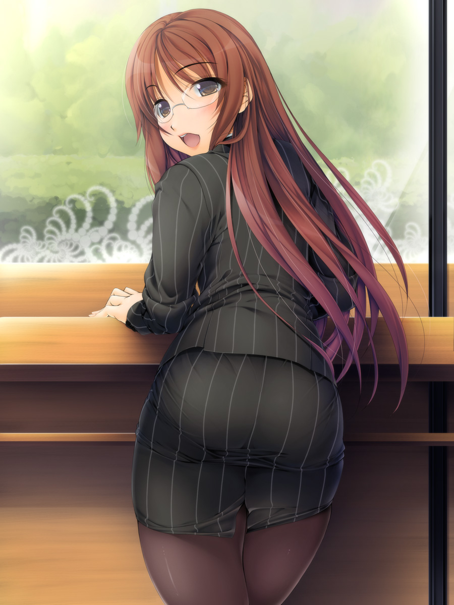 ishii akira, original, highres, 1girl, ass, blush, brown eyes, brown hair, female focus, formal clothes, glasses, long hair, looking back, office lady, open mouth, pantyhose, pantylines, pencil skirt, pinstripe pattern, skirt, skirt suit, smile, solo, suit, tight clothes