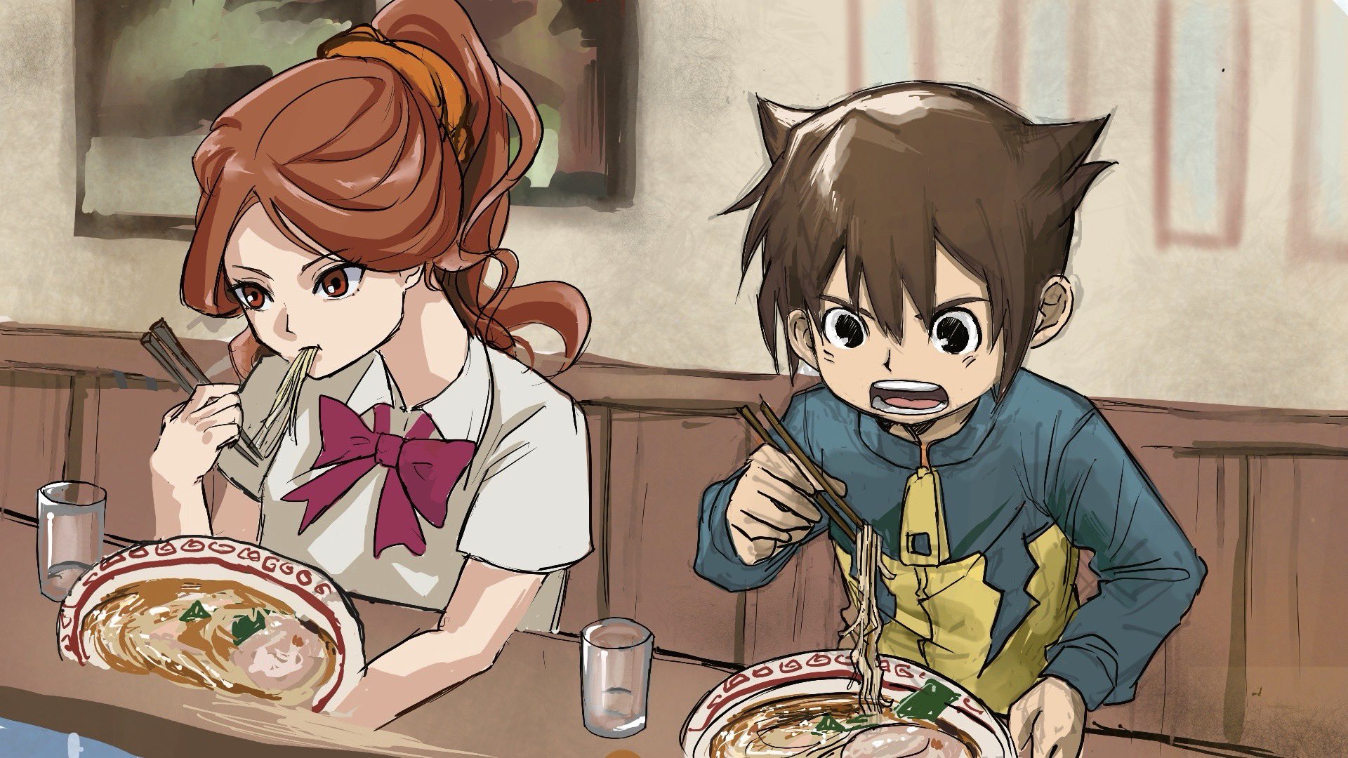 endou mamoru, raimon natsumi, inazuma eleven (series), twitter, 1boy, 1girl, bow, bowtie, brown hair, chopsticks, eating, food, hairband, long hair, noodles, ramen, shirt, short hair, sitting, white shirt