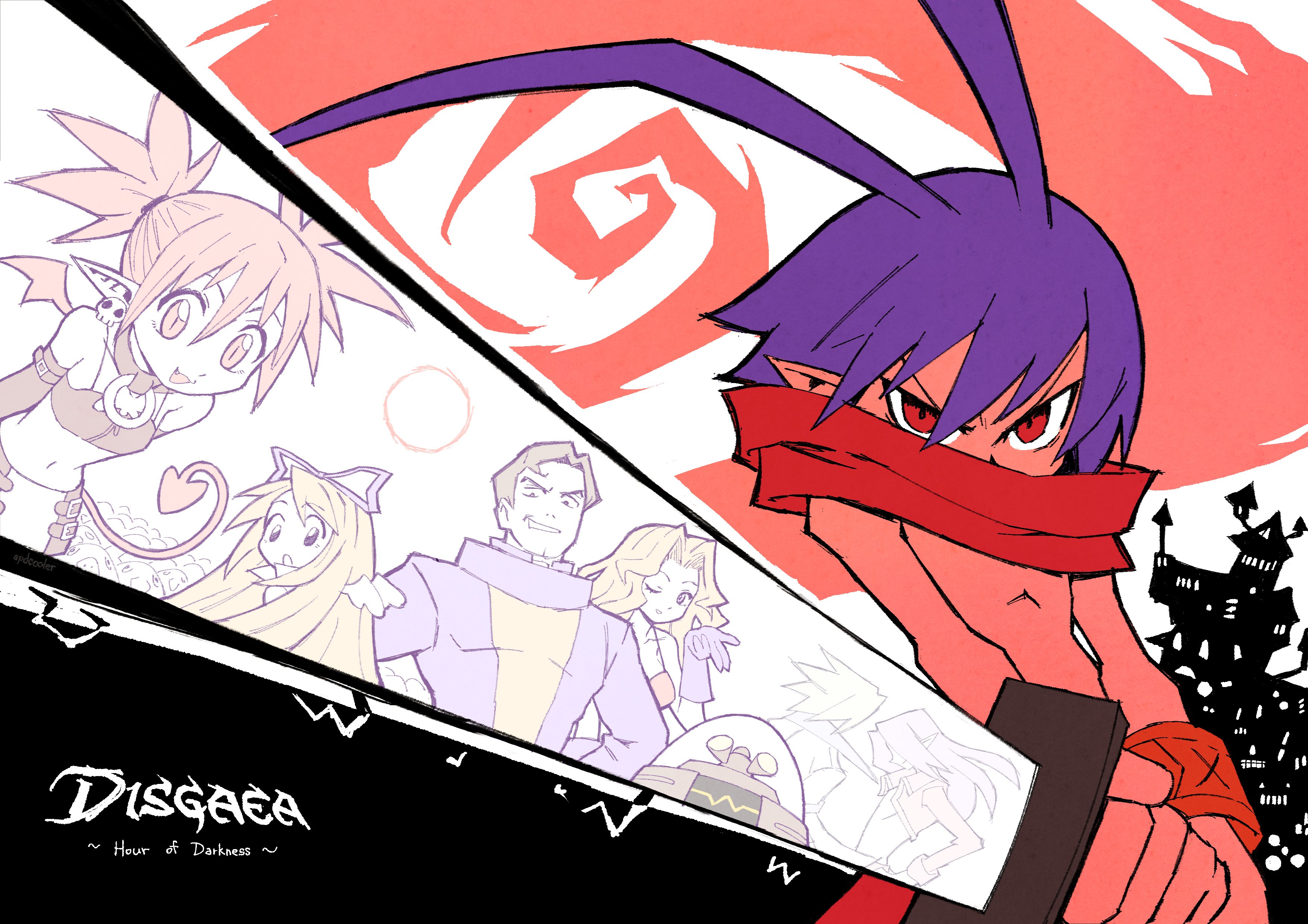 etna (disgaea), flonne, gordon (disgaea), jennifer (disgaea), laharl, prinny, disgaea, eternal arcadia, highres, 3girls, 6+boys, angel, arms behind back, bikini, bikini top only, blonde hair, blowing kiss, blue hair, breasts, brown hair, cleavage, demon girl, demon tail, demon wings, fangs, gloves, large breasts, leaning forward, long hair, looking at viewer, midriff, multiple boys, multiple girls, navel, one eye closed, open mouth, red eyes, robot, scarf, serious, short hair, small breasts, smile, swimsuit, sword, tail, tank top, tongue, weapon, wings