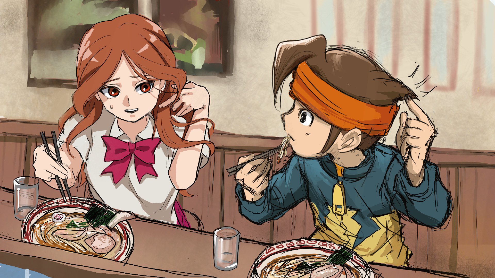 endou mamoru, raimon natsumi, inazuma eleven (series), twitter, 1boy, 1girl, bow, bowtie, brown hair, chopsticks, eating, food, hairband, long hair, noodles, ramen, shirt, short hair, sitting, white shirt