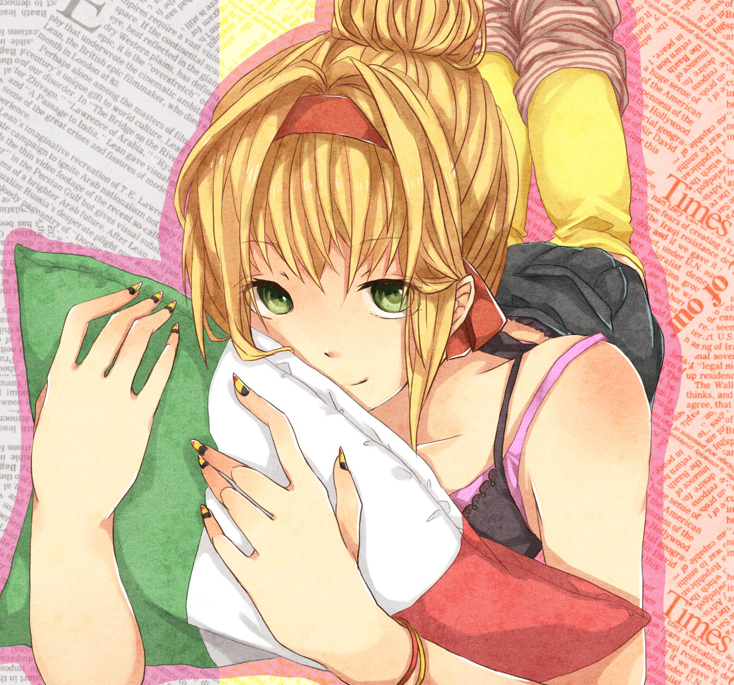 met-tha, belgium (hetalia), axis powers hetalia, bad id, bad pixiv id, highres, 1girl, alternate costume, alternate hairstyle, bare shoulders, blonde hair, bracelet, camisole, female focus, flag, green eyes, hair ribbon, italian flag, jewelry, leg warmers, lying, nail art, nail polish, newspaper, on stomach, pillow, ribbon, solo, spaghetti strap, thighhighs