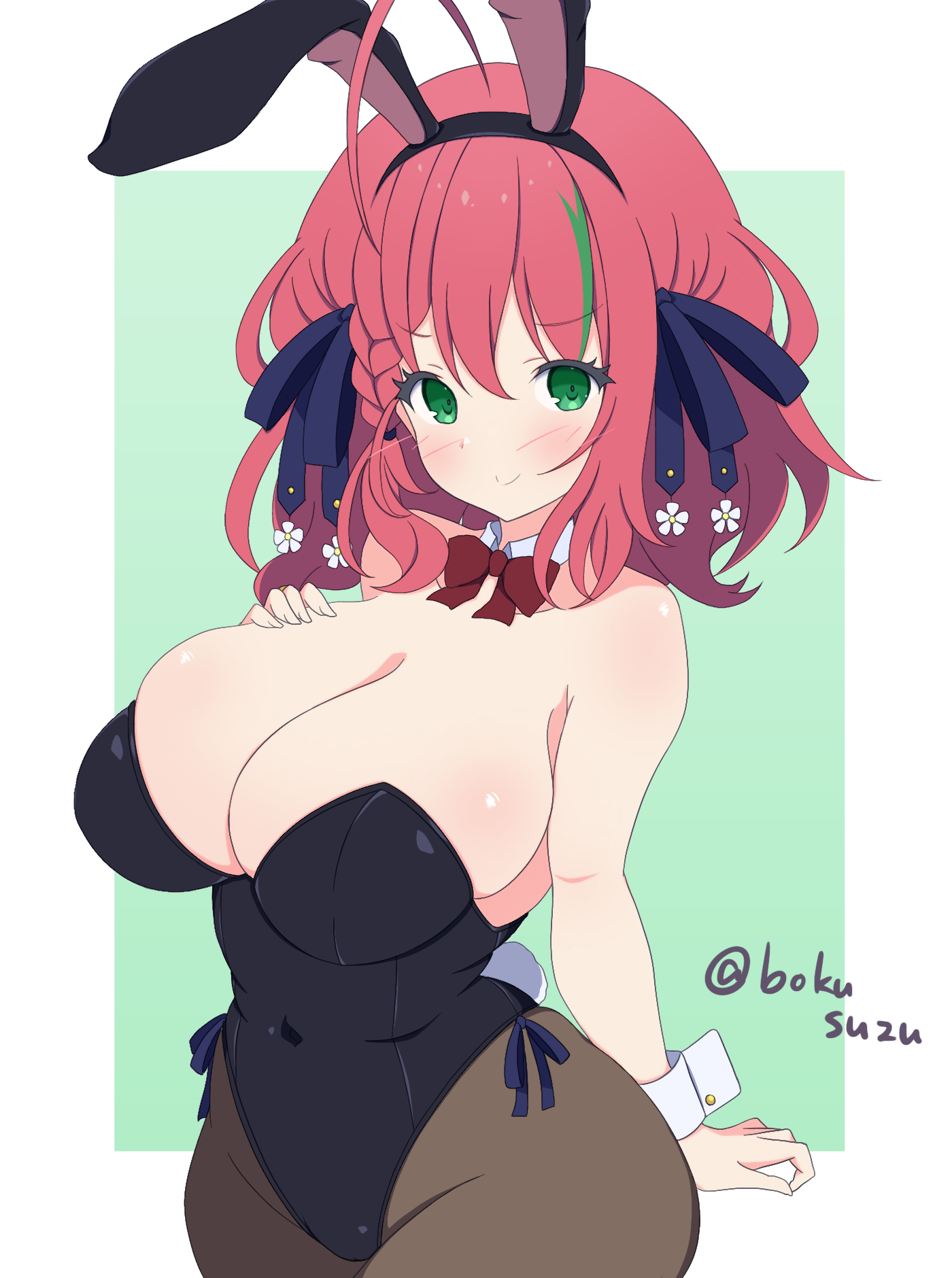 misaki naoe, shibukawa chie, assault lily, commentary, highres, revision, >:), 1girl, ahoge, animal ears, arm behind back, armpit crease, bare arms, bare shoulders, black hairband, black ribbon, blush, border, bow, bowtie, braid, breasts, brown pantyhose, closed mouth, covered groin, covered navel, cowboy shot, detached collar, fake animal ears, fake tail, flower, green background, green eyes, green streaks, hair between eyes, hair flower, hair ornament, hair ribbon, hairband, hand on own chest, hand up, large breasts, medium hair, multicolored hair, outside border, pantyhose, playboy bunny, rabbit ears, rabbit tail, red bow, red bowtie, red hair, ribbon, side braid, simple background, single braid, smile, solo, standing, streaked hair, tail, twitter username, v-shaped eyebrows, white border, white flower, white wrist cuffs, wrist cuffs