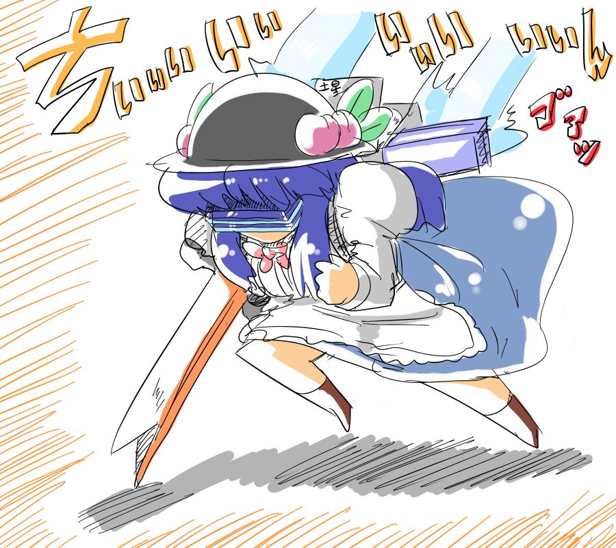 futaba suetsuki, hinanawi tenshi, temjin, touhou, virtual on, bad id, bad pixiv id, 1girl, blue hair, crossover, female focus, food, fruit, hat, leaf, mecha musume, peach, solo