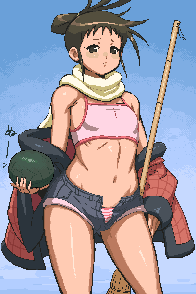 tenseiani, kamisaki yoyo (cerberus), cerberus (manga), brown eyes, brown hair, denim, denim shorts, flat chest, oekaki, panties, scarf, shorts, striped clothes, striped panties, unbuttoned, underwear, unzipped