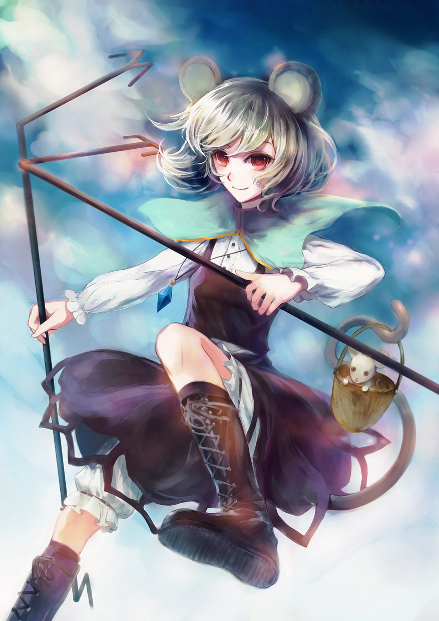 nokishita, nazrin, touhou, highres, 1girl, animal ears, basket, boots, cloud, female focus, grey hair, jewelry, mouse (animal), mouse ears, mouse tail, outdoors, pendant, red eyes, short hair, sky, solo, tail