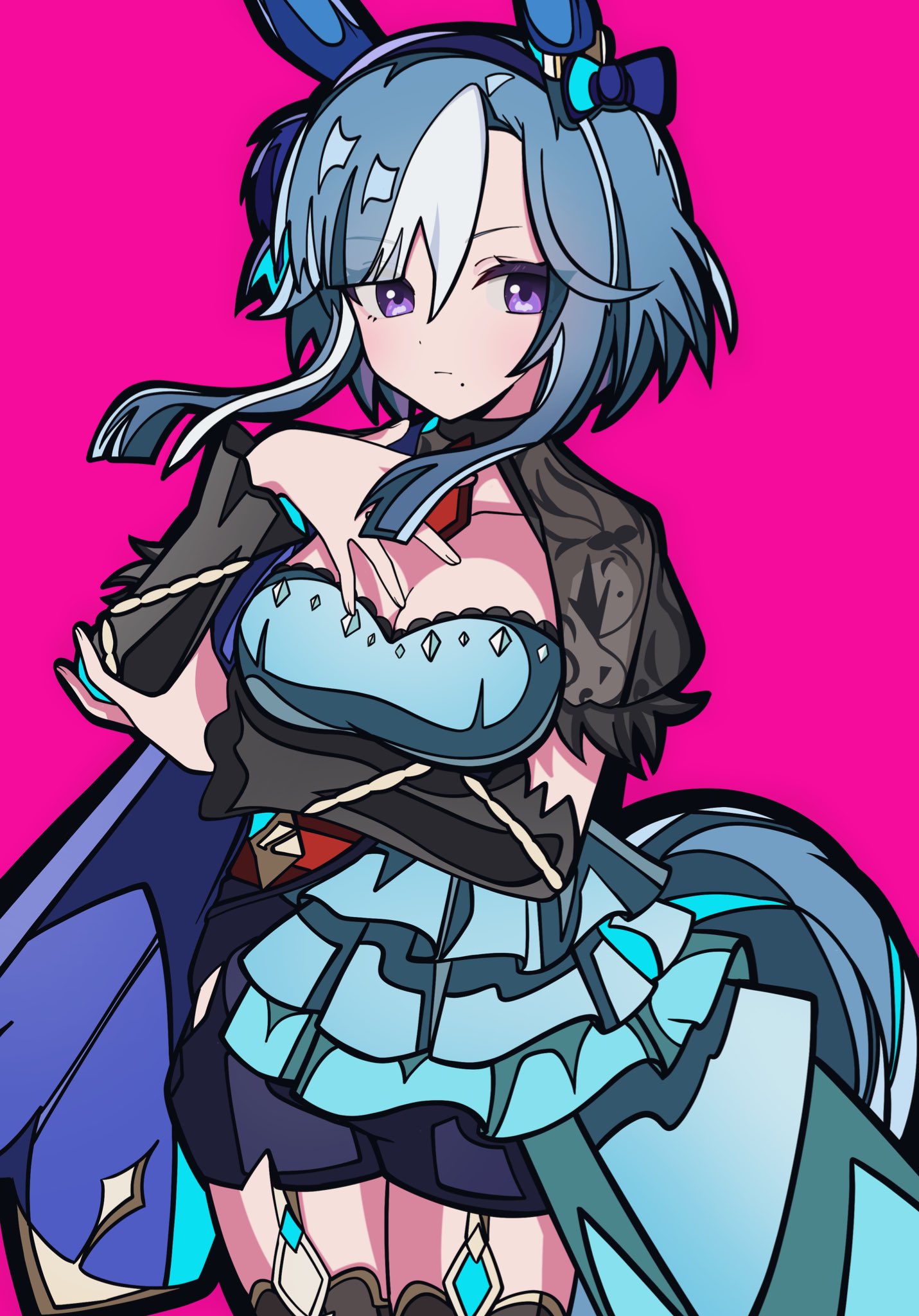 kikkasoon, admire groove (umamusume), umamusume, hashtag-only commentary, highres, 1girl, animal ears, black thighhighs, blue dress, blue hair, blush, breasts, cleavage, closed mouth, collarbone, detached sleeves, dress, ear covers, garter straps, hairband, horse ears, horse girl, horse tail, large breasts, long hair, looking at viewer, mole, mole under mouth, multicolored hair, necktie, no heterochromia, pink background, purple eyes, red necktie, see-through clothes, see-through sleeves, short necktie, short sleeves, solo, streaked hair, tail, thighhighs, white hair, white streaks