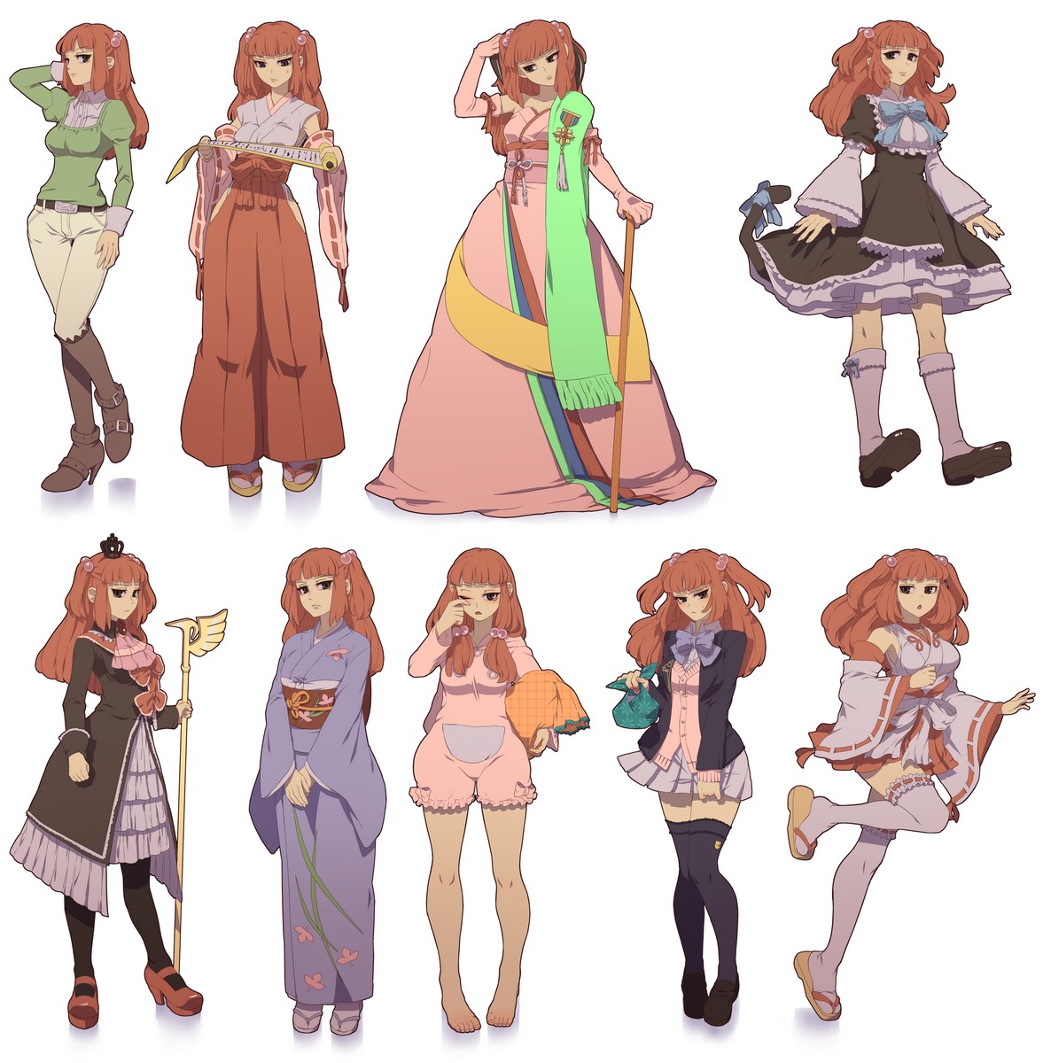 niso, featherine augustus aurora, frederica bernkastel, hanyuu, maria (umineko), sumadera kasumi, ushiromiya ange, ushiromiya eva, ushiromiya maria, 07th expansion, higurashi no naku koro ni, no naku koro ni (series), umineko no naku koro ni, highres, 1girl, alternate costume, bare shoulders, barefoot, bento, black socks, black thighhighs, blue eyes, boots, bow, breasts, cat tail, clothing cutout, cosplay, crown, curvy, detached sleeves, dress, elbow gloves, fashion, featherine augustus aurora (cosplay), frederica bernkastel (cosplay), frilled kneehighs, frills, gloves, green shirt, hair bobbles, hair ornament, hanyuu (cosplay), hip focus, hip vent, horns, japanese clothes, kimono, kneehighs, large breasts, loafers, maria (umineko) (cosplay), mary janes, medal, miko, obi, pajamas, pantyhose, pillow, pleated skirt, red hair, sandals, sash, scarf, scroll, shirt, shoes, simple background, skirt, socks, staff, sumadera kasumi (cosplay), sweater, tail, thighhighs, ushiromiya eva (cosplay), white socks, white thighhighs, wide hips, zettai ryouiki