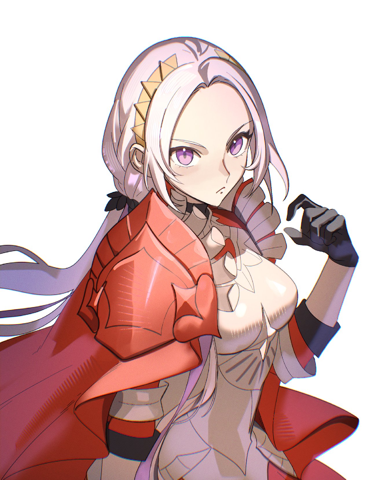 bikini boody, edelgard von hresvelg, fire emblem, fire emblem: three houses, fire emblem warriors: three hopes, nintendo, commentary, english commentary, highres, 1girl, armor, black gloves, blush, breastplate, breasts, cape, closed mouth, frown, gloves, headband, long hair, looking at viewer, medium breasts, purple eyes, red cape, shoulder armor, simple background, solo, white background, white hair