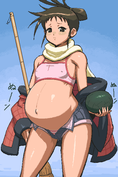 tenseiani, kamisaki yoyo (cerberus), cerberus (manga), brown eyes, brown hair, denim, denim shorts, flat chest, frown, oekaki, panties, pregnant, scarf, shorts, striped clothes, striped panties, underwear