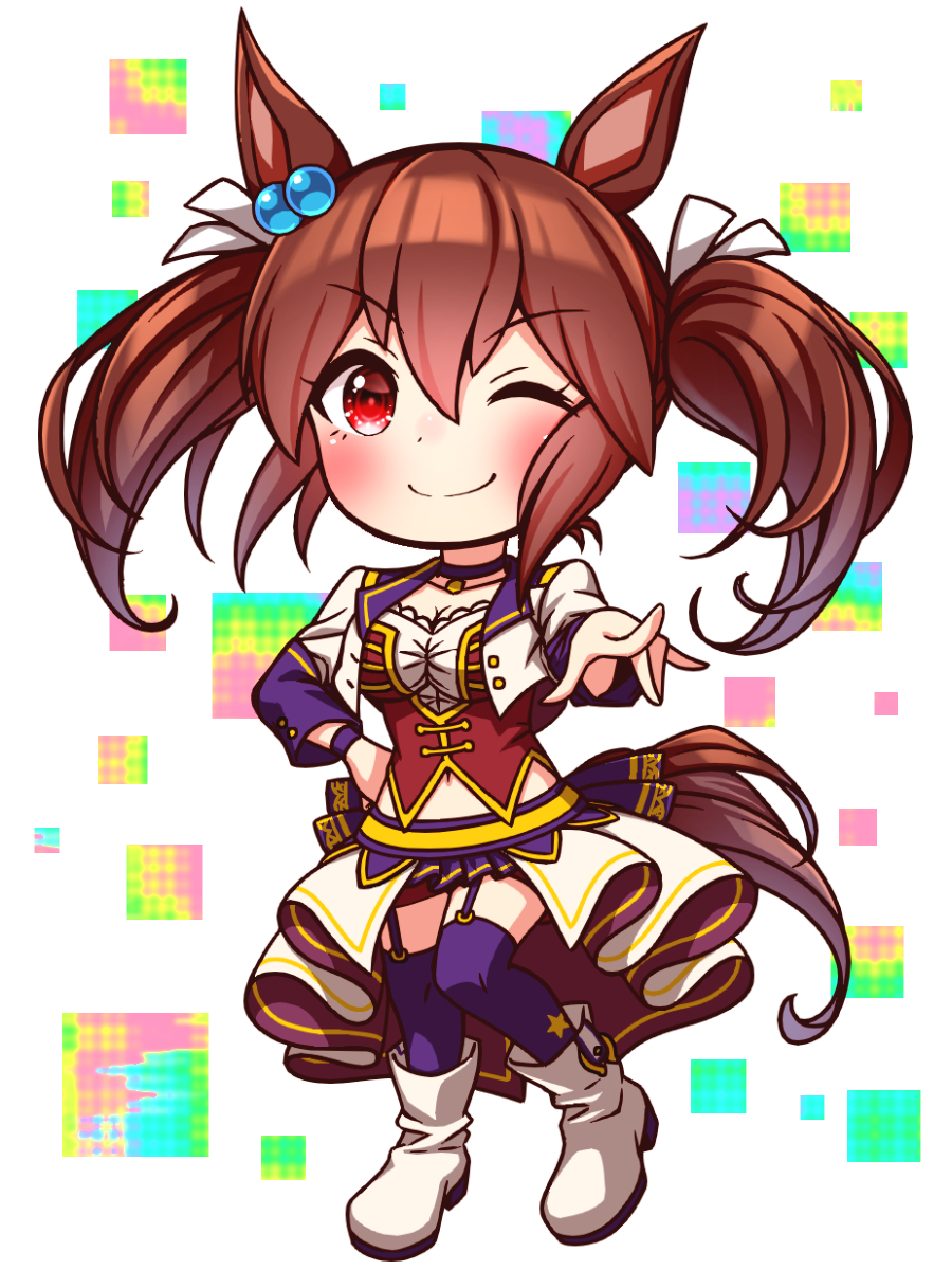 sugimotty nova, hishi akebono (umamusume), umamusume, commentary request, highres, 1girl, animal ears, blush, bodice, boots, breasts, brown hair, chibi, chibi only, choker, cleavage, closed mouth, collarbone, corset, cropped jacket, full body, garter straps, hair between eyes, horse ears, horse girl, horse tail, jacket, large breasts, long hair, long sleeves, looking at viewer, midriff peek, navel, one eye closed, overskirt, pendant choker, purple choker, purple garter straps, purple thighhighs, red corset, red eyes, red shorts, shirt, shorts, smile, solo, starting future (umamusume), tail, thighhighs, twintails, white boots, white jacket, white shirt, wristband