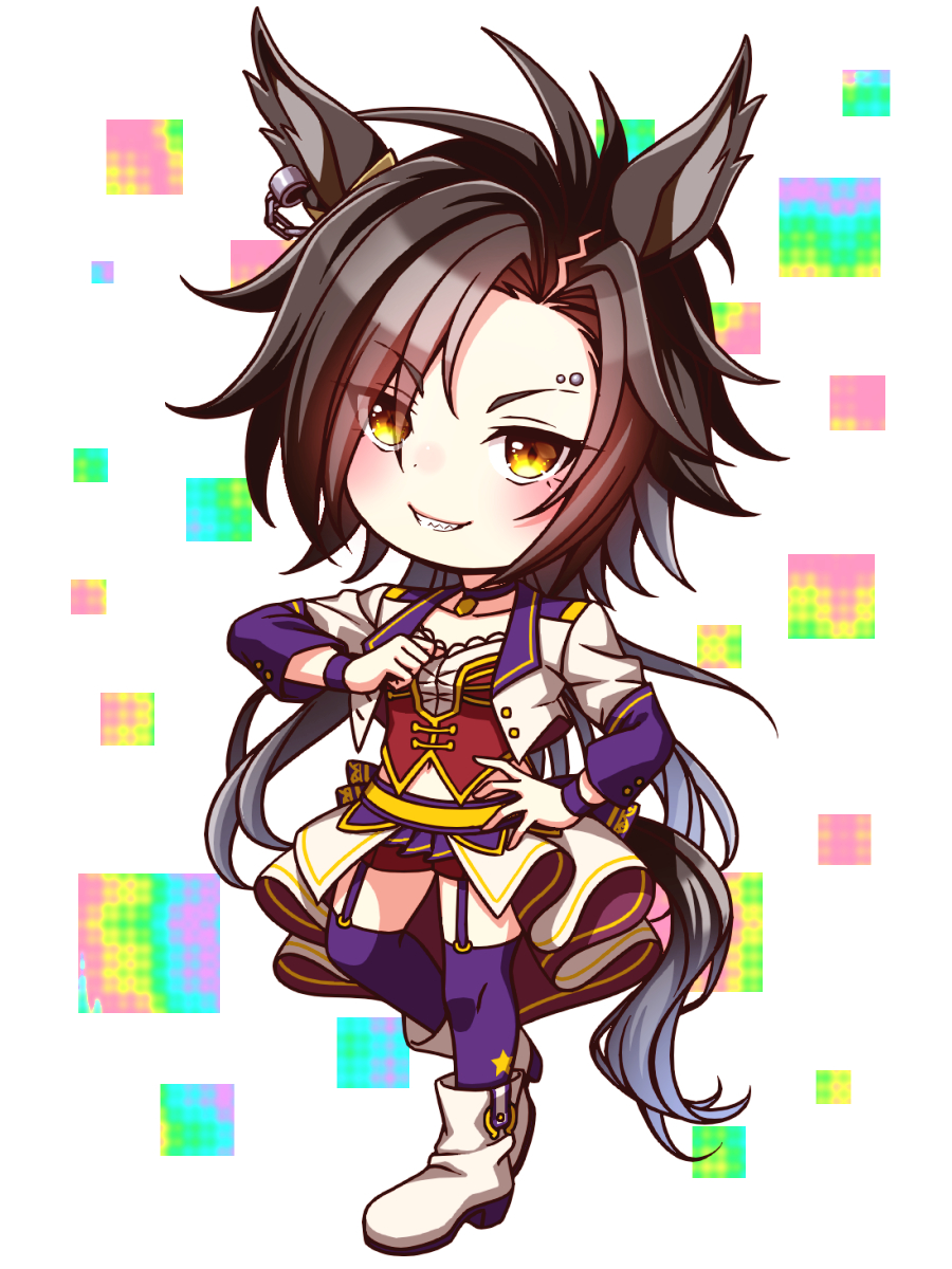 sugimotty nova, air shakur (umamusume), umamusume, commentary request, highres, 1girl, animal ears, black hair, blush, bodice, boots, breasts, chibi, chibi only, choker, collarbone, corset, cropped jacket, ear chain, ear ornament, eyebrow piercing, face piercing, full body, garter straps, grin, horse ears, horse girl, horse tail, jacket, linked piercing, long hair, long sleeves, looking at viewer, midriff peek, navel, overskirt, parted lips, pendant choker, piercing, purple choker, purple garter straps, purple thighhighs, red corset, red shorts, shirt, shorts, small breasts, smile, solo, starting future (umamusume), tail, teeth, thighhighs, white boots, white jacket, white shirt, wristband, yellow eyes