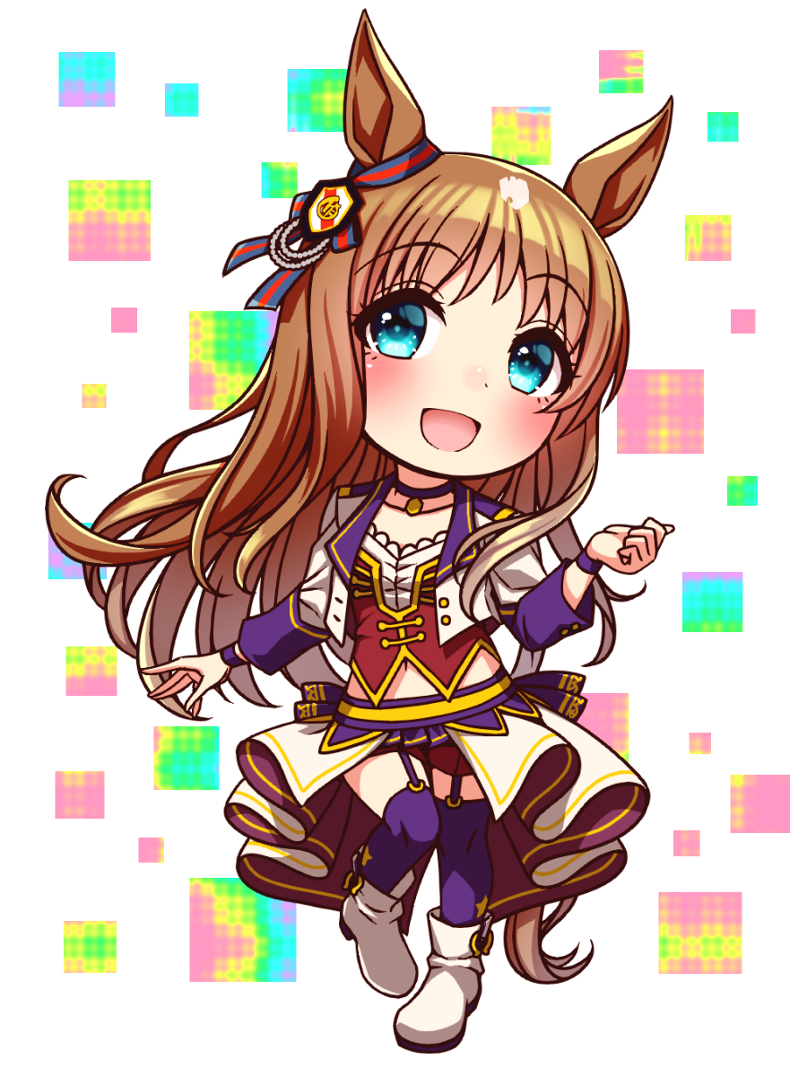 sugimotty nova, grass wonder (umamusume), umamusume, commentary request, highres, 1girl, animal ears, blue eyes, blush, bodice, boots, bow, breasts, brown hair, chibi, chibi only, choker, collarbone, corset, cropped jacket, ear bow, ear ornament, ear ribbon, full body, garter straps, horse ears, horse girl, horse tail, jacket, long hair, long sleeves, looking at viewer, midriff peek, multicolored hair, navel, open mouth, overskirt, pendant choker, purple choker, purple garter straps, purple thighhighs, red corset, red shorts, shirt, shorts, small breasts, smile, solo, starting future (umamusume), tail, thighhighs, white boots, white hair, white jacket, white shirt, wristband