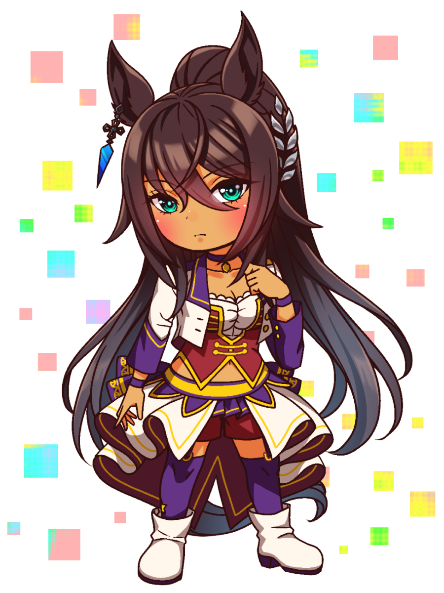 sugimotty nova, symboli kris s (umamusume), umamusume, commentary request, highres, 1girl, animal ears, blue eyes, blush, bodice, boots, breasts, brown hair, chibi, chibi only, choker, cleavage, closed mouth, collarbone, corset, cropped jacket, dark-skinned female, dark skin, earrings, full body, garter straps, hair between eyes, horse ears, horse girl, horse tail, jacket, jewelry, large breasts, long hair, long sleeves, looking at viewer, midriff peek, navel, overskirt, pendant choker, ponytail, purple choker, purple garter straps, purple thighhighs, red corset, red shorts, shirt, shorts, single earring, solo, split ponytail, starting future (umamusume), tail, thighhighs, white boots, white jacket, white shirt, wristband