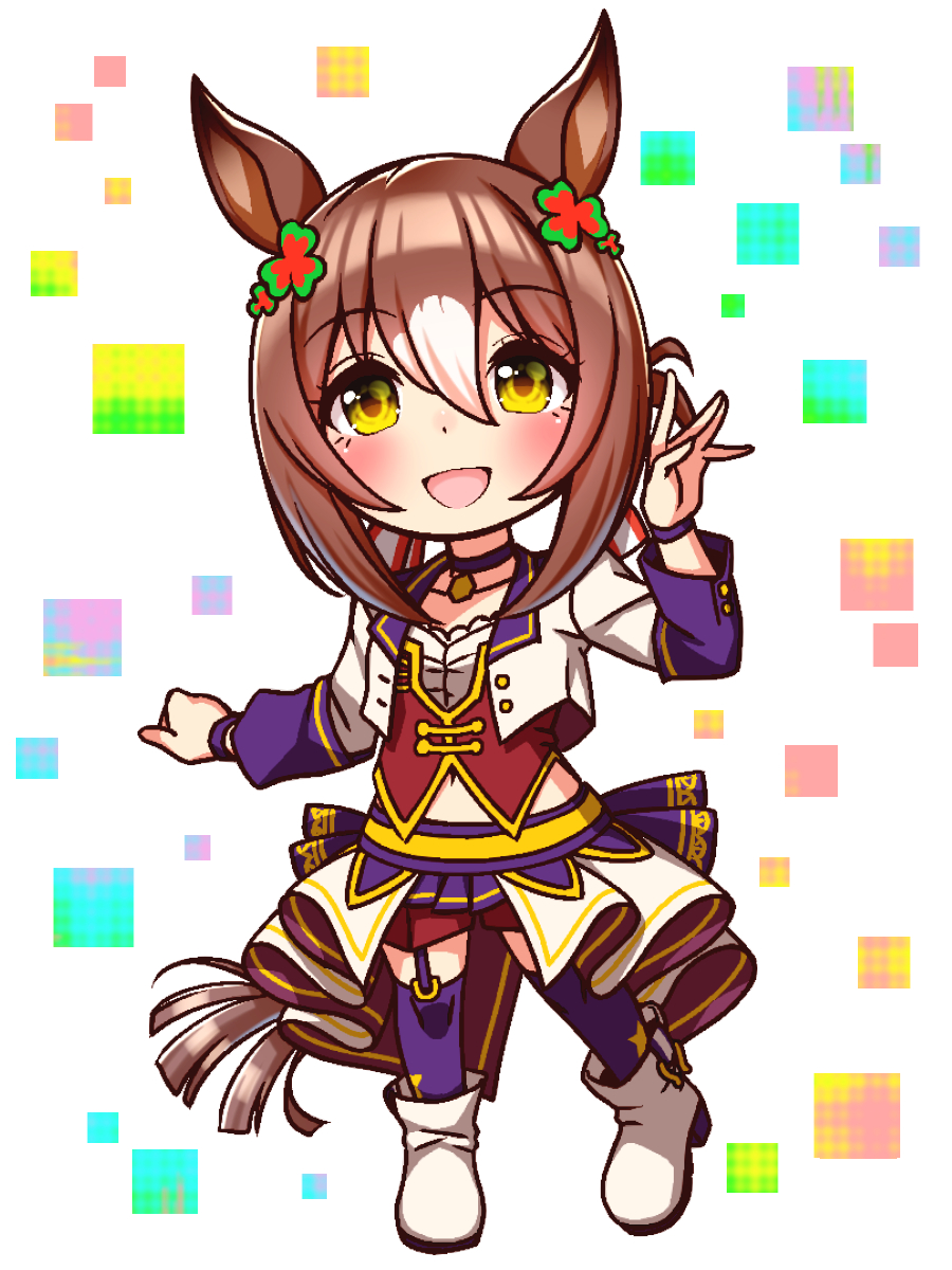 sugimotty nova, fine motion (umamusume), umamusume, commentary request, highres, 1girl, animal ears, blush, bodice, boots, breasts, brown hair, chibi, chibi only, choker, clover hair ornament, collarbone, corset, cropped jacket, full body, garter straps, green eyes, hair between eyes, hair ornament, horse ears, horse girl, horse tail, jacket, long hair, long sleeves, looking at viewer, midriff peek, multicolored hair, navel, open mouth, overskirt, pendant choker, purple choker, purple garter straps, purple thighhighs, red corset, red shorts, shirt, shorts, small breasts, smile, solo, starting future (umamusume), tail, thighhighs, white boots, white hair, white jacket, white shirt, wristband