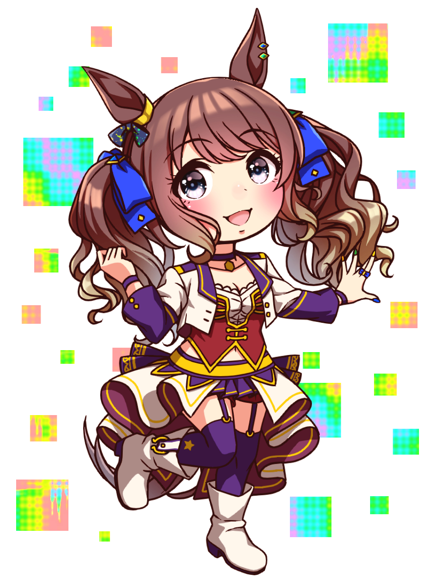 sugimotty nova, tosen jordan (umamusume), umamusume, commentary request, highres, 1girl, animal ears, blue eyes, blush, bodice, boots, bow, breasts, brown hair, chibi, chibi only, choker, cleavage, collarbone, corset, cropped jacket, ear bow, full body, garter straps, horse ears, horse girl, horse tail, jacket, long hair, long sleeves, looking at viewer, medium breasts, midriff peek, multicolored nails, navel, open mouth, overskirt, pendant choker, purple choker, purple garter straps, purple thighhighs, red corset, red shorts, shirt, shorts, smile, solo, standing, standing on one leg, starting future (umamusume), tail, thighhighs, twintails, white boots, white jacket, white shirt, wristband