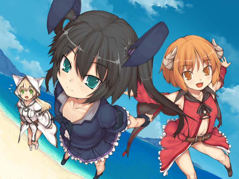 sajipen, christo mu, christo wu, christo zu, eternity sword series, seirei tenshou, 3girls, animal ears, black hair, blonde hair, blush, cape, day, detached sleeves, flying, green eyes, happy, horns, long hair, multiple girls, ocean, orange eyes, orange hair, rabbit ears, short hair, sky, smile, twintails