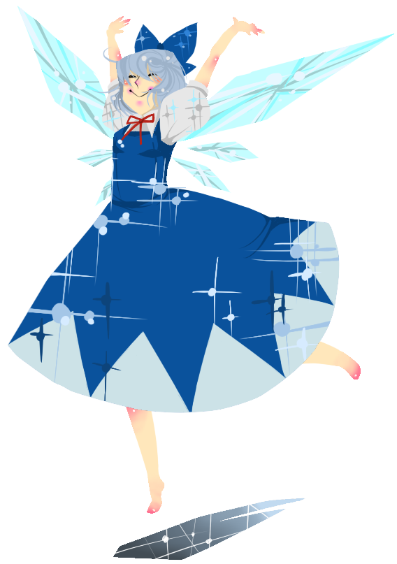 noibara, cirno, embodiment of scarlet devil, touhou, 1girl, :>, arms up, barefoot, blouse, closed eyes, dress, female focus, flat color, full body, hair between eyes, happy, pinafore dress, shirt, short hair, sleeveless dress, solo, white background, white shirt