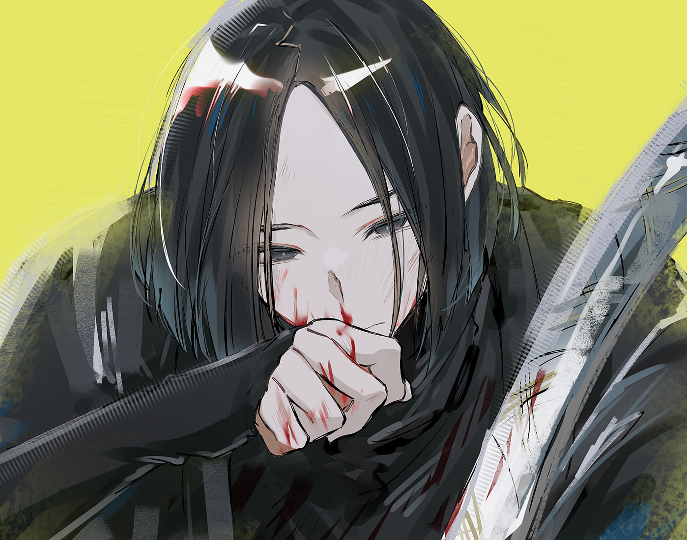 ren (project moon), limbus company, project moon, commentary request, 1boy, black eyes, black hair, blood, blood on face, blunt ends, fingerless gloves, gloves, hakama, holding, holding sword, holding weapon, japanese clothes, looking at viewer, male focus, nosebleed, short hair, simple background, sword, syamo17a, turtleneck, weapon, yellow background
