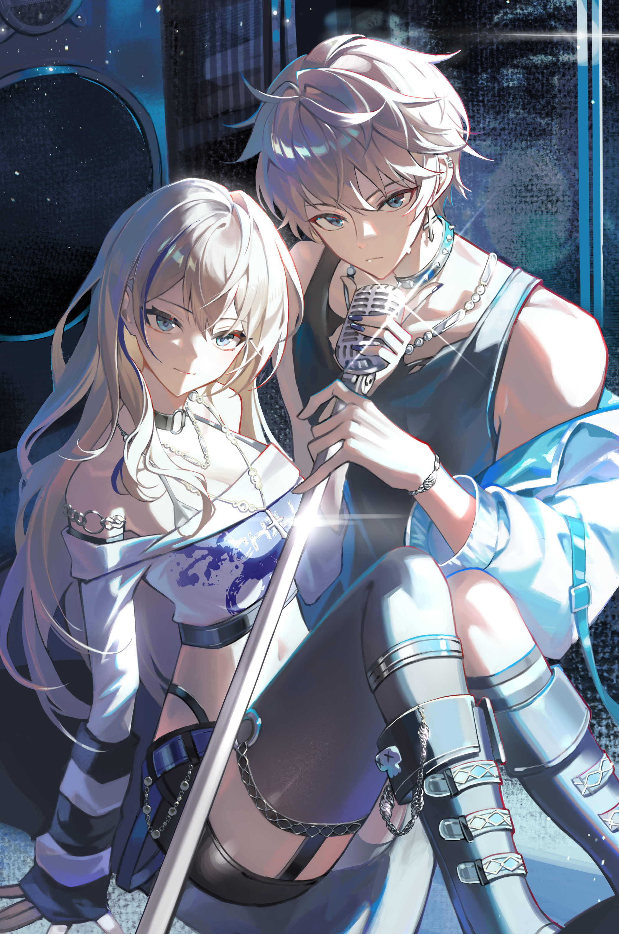 dogae, gepard landau, serval landau, honkai: star rail, honkai (series), absurdres, commentary request, highres, 1boy, 1girl, alternate costume, bare shoulders, black choker, black shorts, black tank top, blonde hair, blue eyes, blue nails, boots, breasts, brother and sister, choker, cleavage, closed mouth, crop top, cross, cross earrings, cross necklace, earclip, earrings, fingernails, holding, holding microphone stand, jewelry, knees up, long fingernails, long sleeves, looking at viewer, medium breasts, microphone, microphone stand, midriff, multicolored hair, nail polish, navel, necklace, off-shoulder shirt, off shoulder, shirt, short hair, shorts, siblings, single thighhigh, speaker, spiked choker, spikes, streaked hair, tank top, thighhighs