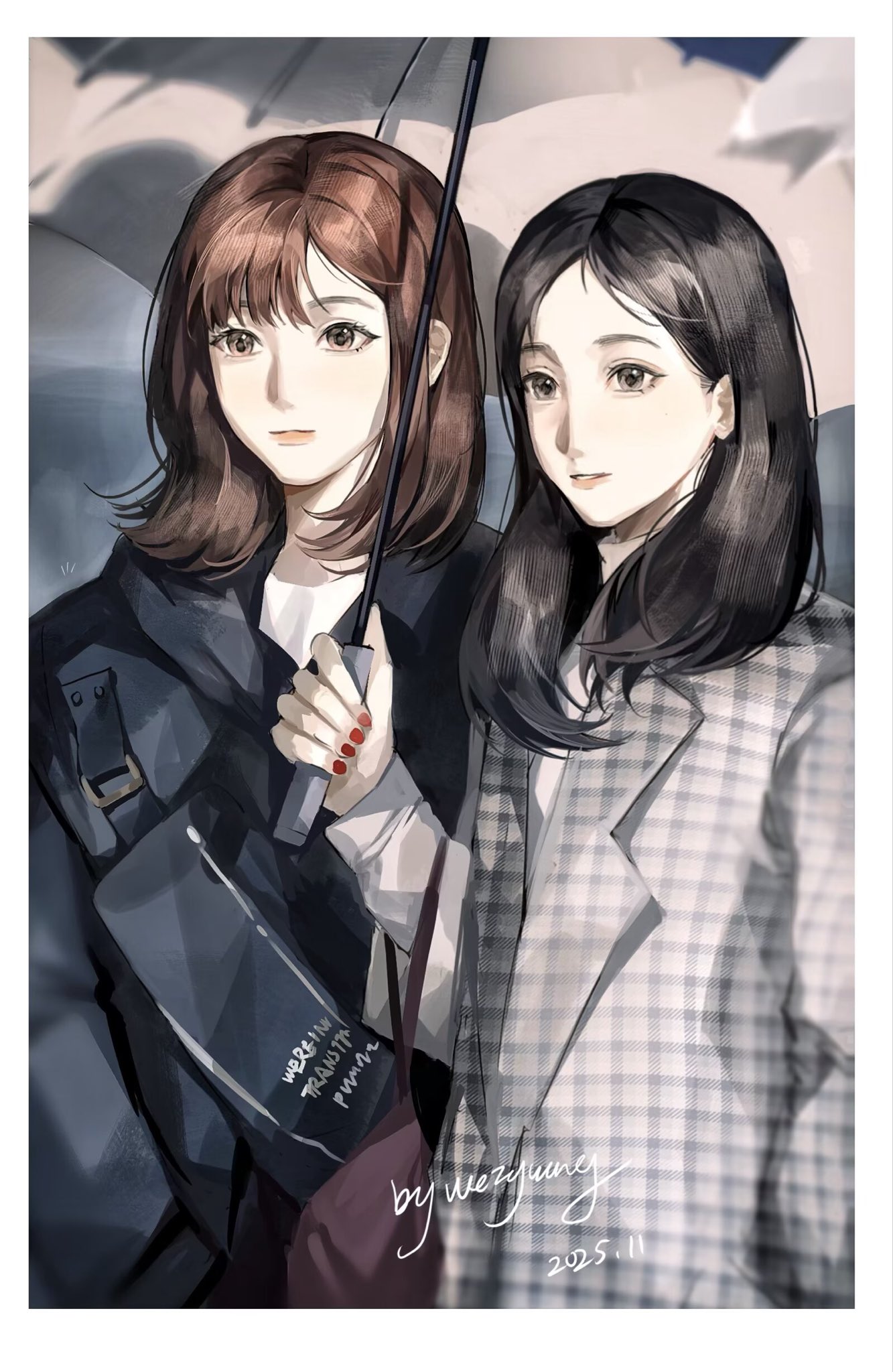 weiguang651, jeongyeon (twice), nayeon (twice), real life, twice (group), hashtag-only commentary, highres, 2girls, animification, black hair, black jacket, brown eyes, brown hair, dated, grey eyes, grey jacket, holding, holding umbrella, hood, hood down, hooded jacket, jacket, k-pop, looking ahead, medium hair, multiple girls, plaid clothes, plaid jacket, shadow, signature, umbrella