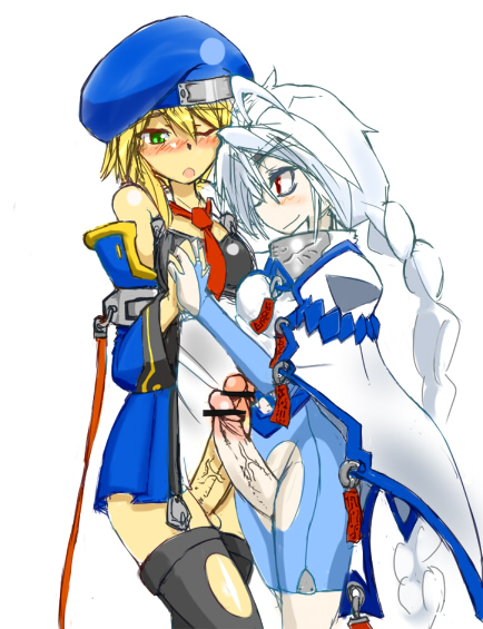 fuyu sato, noel vermillion, nu-13, arc system works, blazblue, 2futa, bar censor, bare shoulders, beret, blonde hair, blush, braid, cape, censored, frottage, futa with futa, futanari, green eyes, hat, holding hands, long hair, multiple futa, necktie, penis, red eyes, red ribbon, ribbon, short hair, single braid, thighhighs, white hair