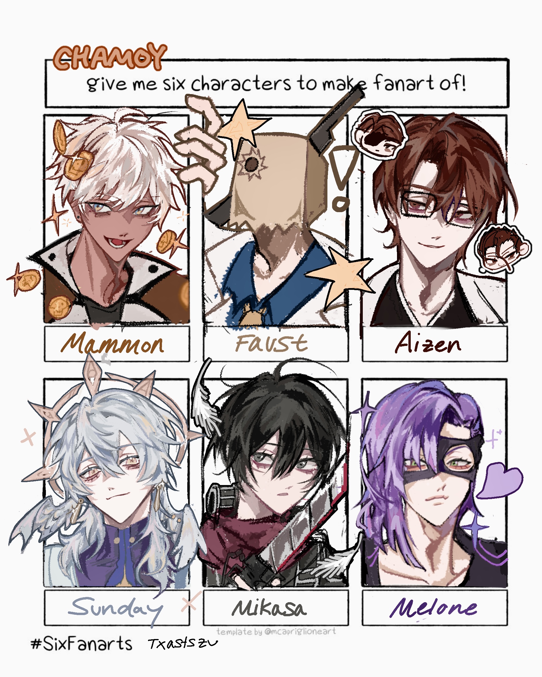 aizen sousuke, faust (guilty gear), mammon (obey me!), melone, mikasa ackerman, sunday (honkai: star rail), bleach, guilty gear, honkai: star rail, honkai (series), jojo no kimyou na bouken, obey me!: one master to rule them all!, shingeki no kyojin, vento aureo, commentary, highres, symbol-only commentary, 1girl, 5boys, artist name, black hair, brown hair, multiple boys, multiple drawing challenge, purple hair, six fanarts challenge, txasttszu, white hair