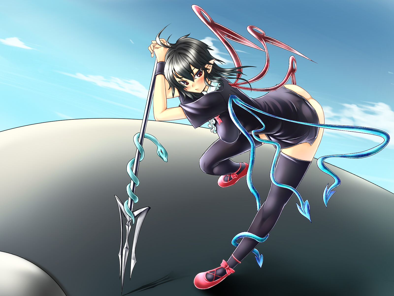 fukkatsu no sorono, sorono wa soro, houjuu nue, touhou, bad id, bad pixiv id, highres, 1girl, ass, black hair, black thighhighs, dress, female focus, full body, houjuunue, no panties, outdoors, polearm, red eyes, short hair, sky, snake, solo, spear, thighhighs, trident, weapon, wings