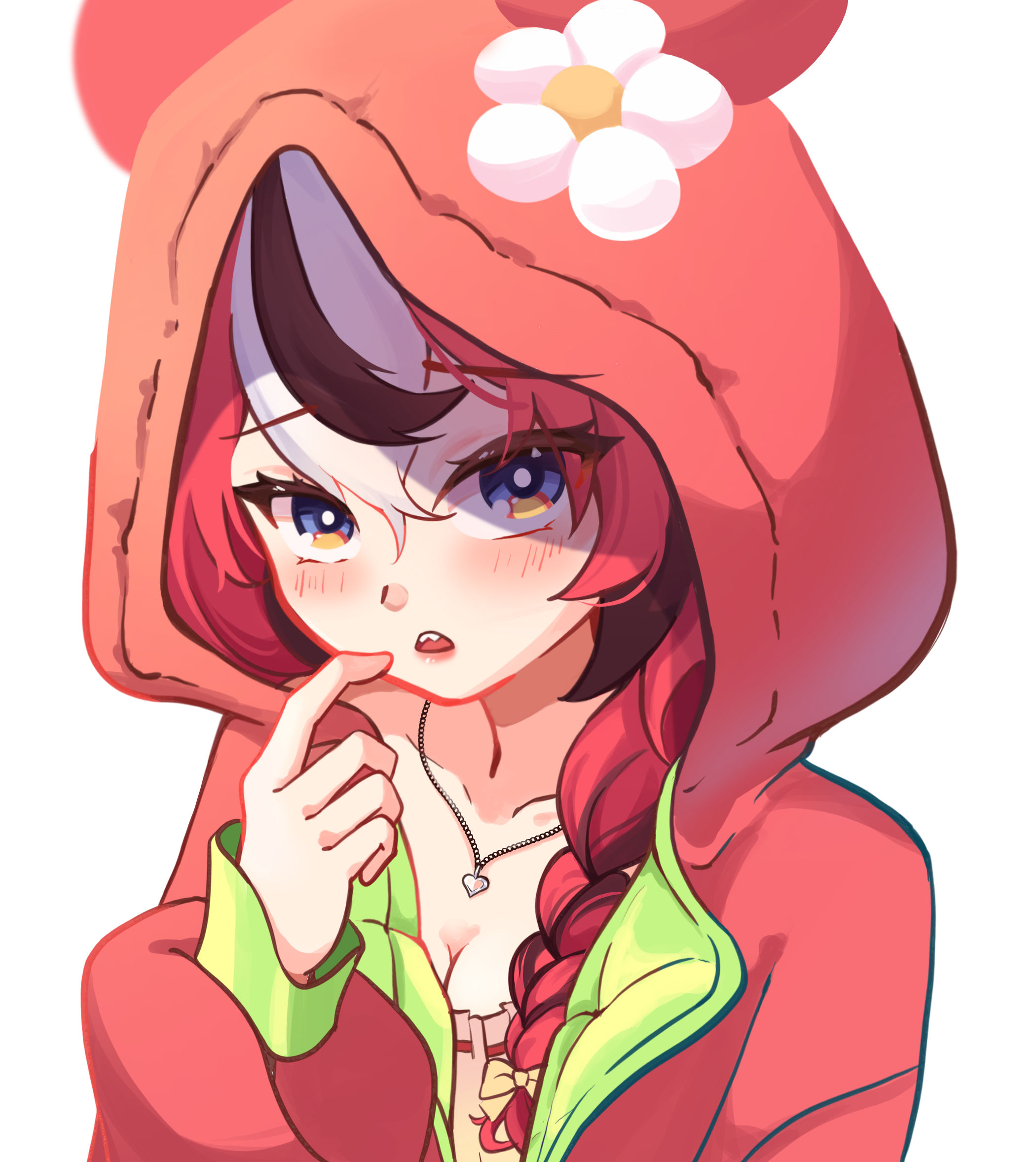hakos baelz, hakos baelz (strawberry onesie), hololive, hololive english, commentary, hashtag-only commentary, highres, 1girl, babydoll, black hair, black streaks, blue eyes, blush, braid, breasts, cleavage, double-parted bangs, finger to mouth, flower, hair between eyes, heart pendant, hood, hooded pajamas, iennie, jewelry, looking at viewer, multicolored hair, necklace, onesie, open mouth, orange flower, pajamas, pink babydoll, red hair, red pajamas, sharp teeth, teeth, virtual youtuber, white background, white hair