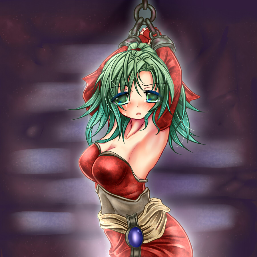 monikano, tina branford, final fantasy, final fantasy vi, 1990s (style), 1girl, armpits, arms up, bdsm, blush, bondage, bound, breasts, detached sleeves, female focus, green eyes, green hair, long hair, matching hair/eyes, ponytail, solo, tears