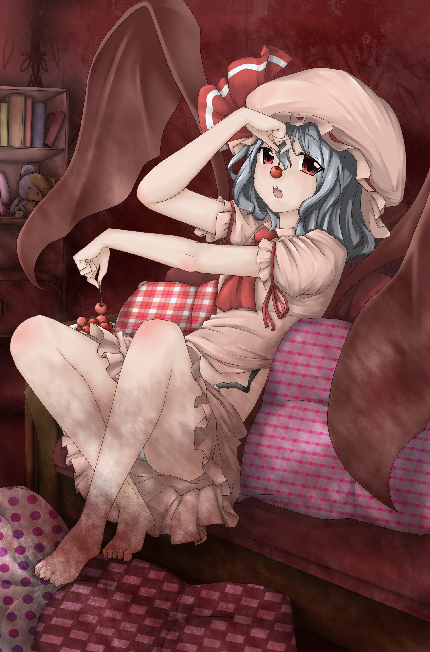 nakamura regura, remilia scarlet, touhou, bad id, bad pixiv id, highres, 1girl, barefoot, bat wings, blue hair, cherry, cushion, fang, feet, female focus, food, fruit, hat, holding, holding food, holding fruit, looking at viewer, panties, pantyshot, red eyes, short hair, sitting, solo, underwear, unmoving pattern, wings