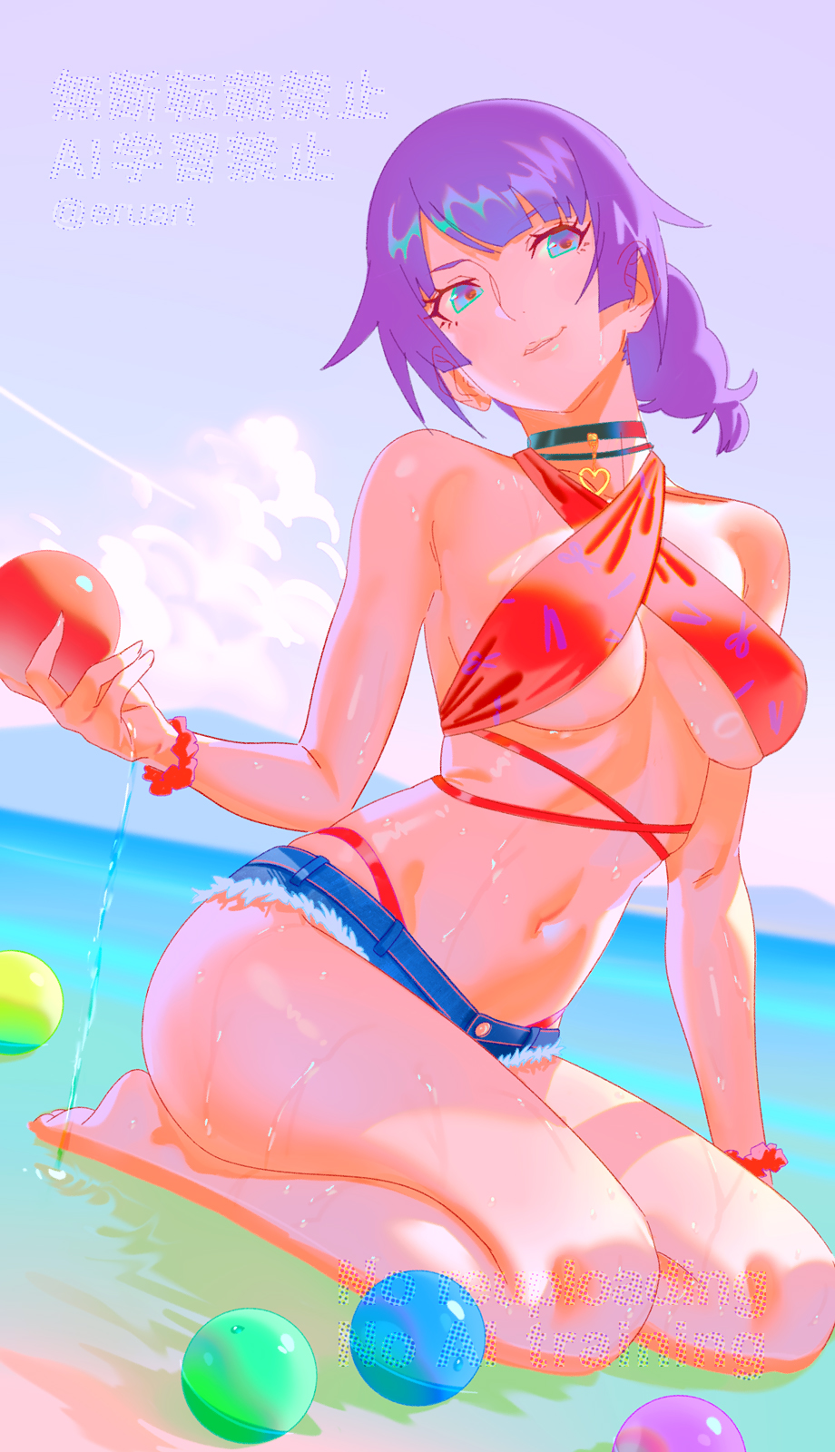 rapa rachi, senjougahara hitagi, monogatari (series), highres, revision, 1girl, alternate costume, barefoot, beach, bikini, black choker, blue eyes, blue shorts, blue sky, breasts, choker, cloud, criss-cross halter, day, denim, denim shorts, dutch angle, eyelashes, full body, halterneck, heart, holding, legs, long hair, looking at viewer, medium breasts, micro shorts, navel, ocean, outdoors, parted lips, ponytail, purple hair, red bikini, scrunchie, seiza, shorts, sitting, sky, solo, stomach, swimsuit, thighs, toes, torn clothes, torn shorts, watermark, wet, wrist scrunchie