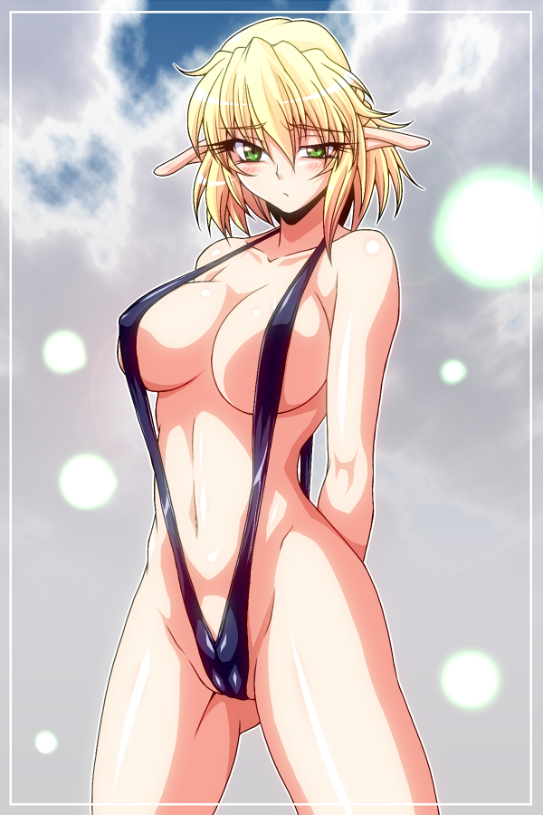 ootsuki wataru, mizuhashi parsee, touhou, bad id, bad pixiv id, md5 mismatch, resolution mismatch, source larger, 1girl, blonde hair, breasts, cleavage, female focus, green eyes, slingshot swimsuit, solo, swimsuit
